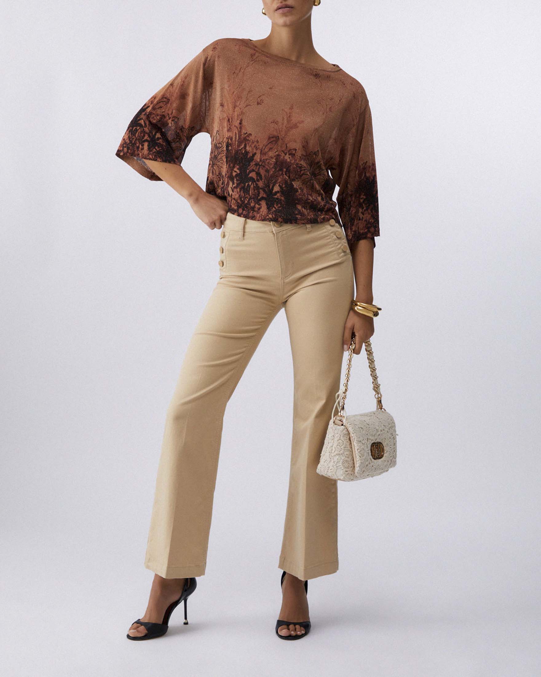 Pantaloni cinque tasche flare beige Liu Jo con bottoni dorati logati