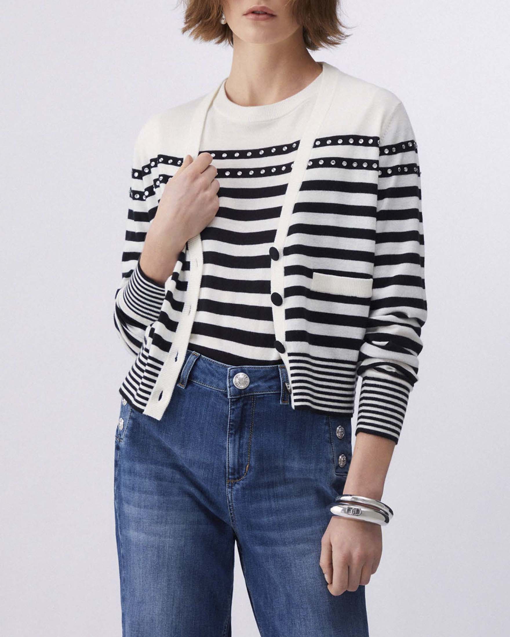 Cardigan a righe bianche e blu Liu Jo in misto viscosa e lana con borchie image