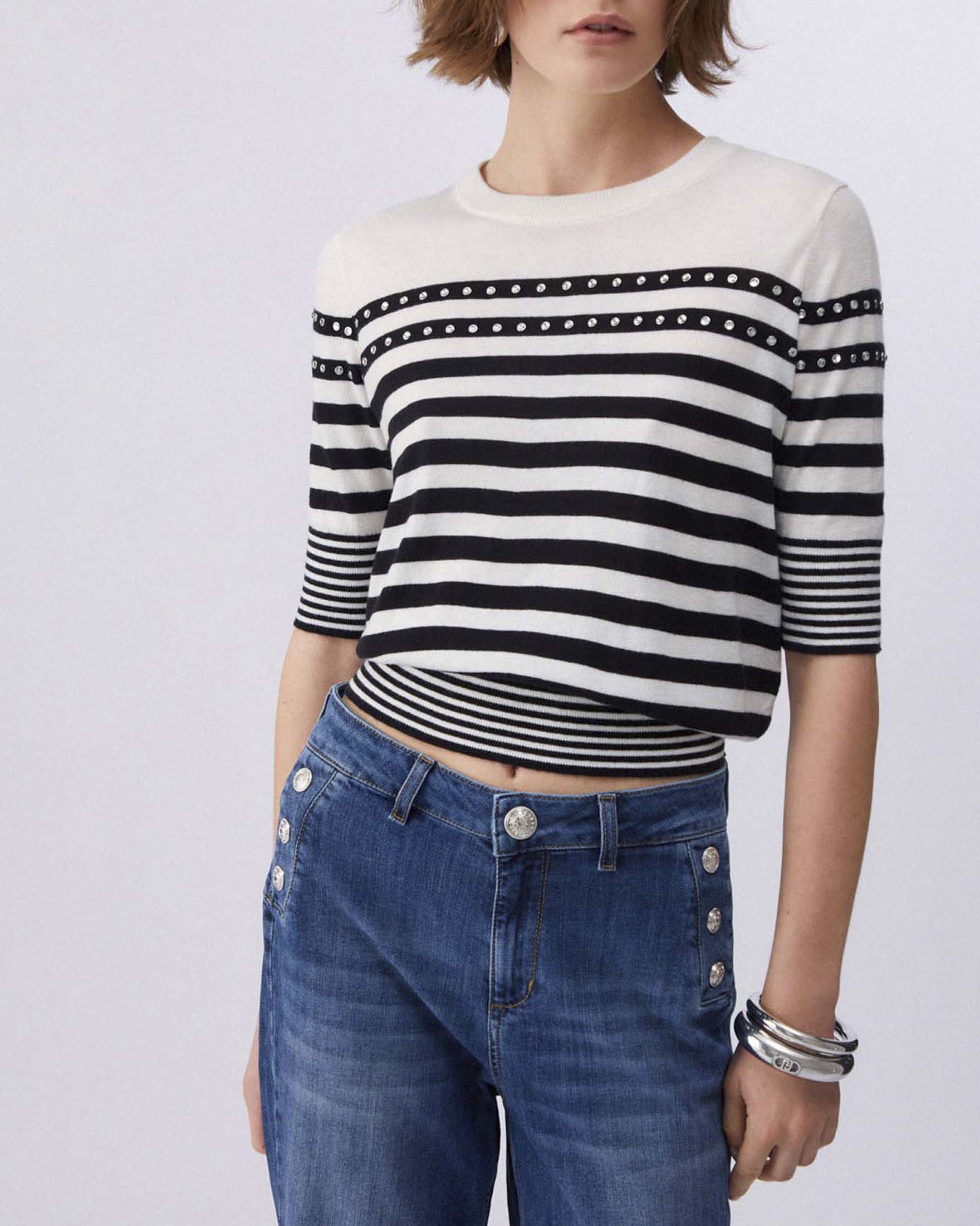 Maglia a righe bianche e blu maniche corte Liu Jo in misto viscosa e lana con strass e scollo a giro image