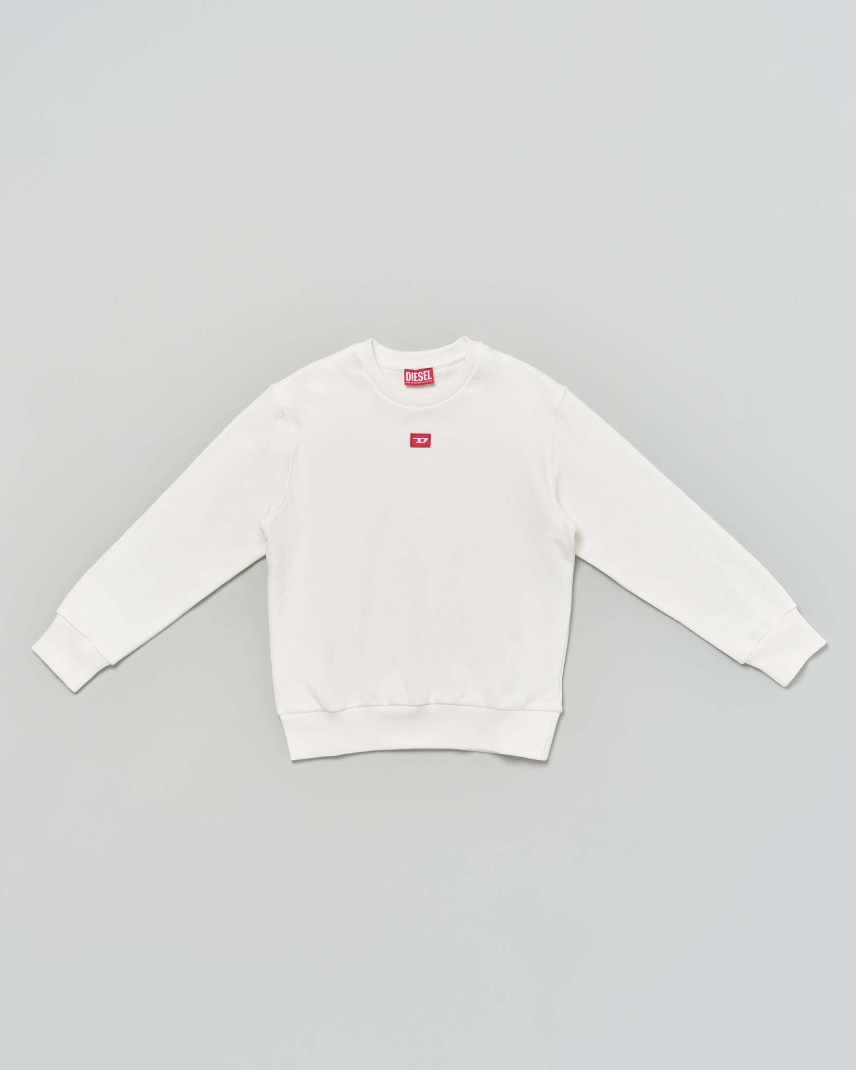 Felpa girocollo bianca in cotone con mini logo rosso