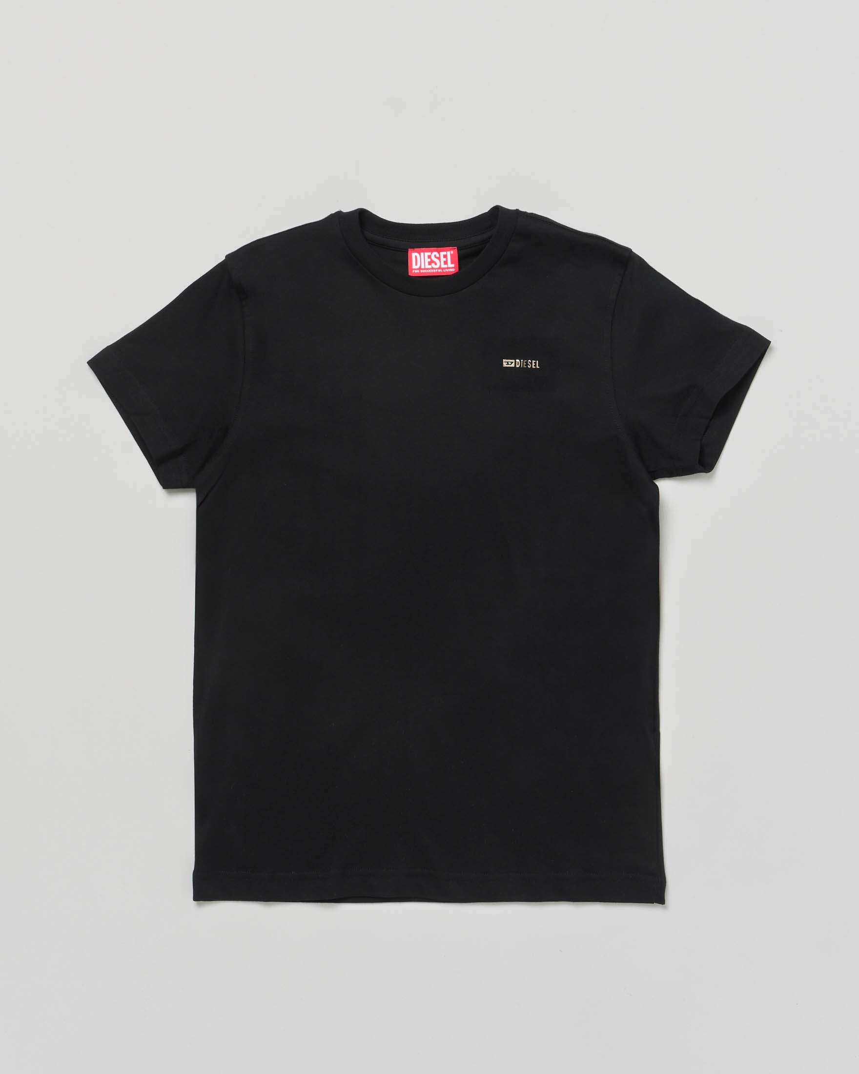 T-shirt nera Diesel in puro cotone con mini scritta logo metalizzata