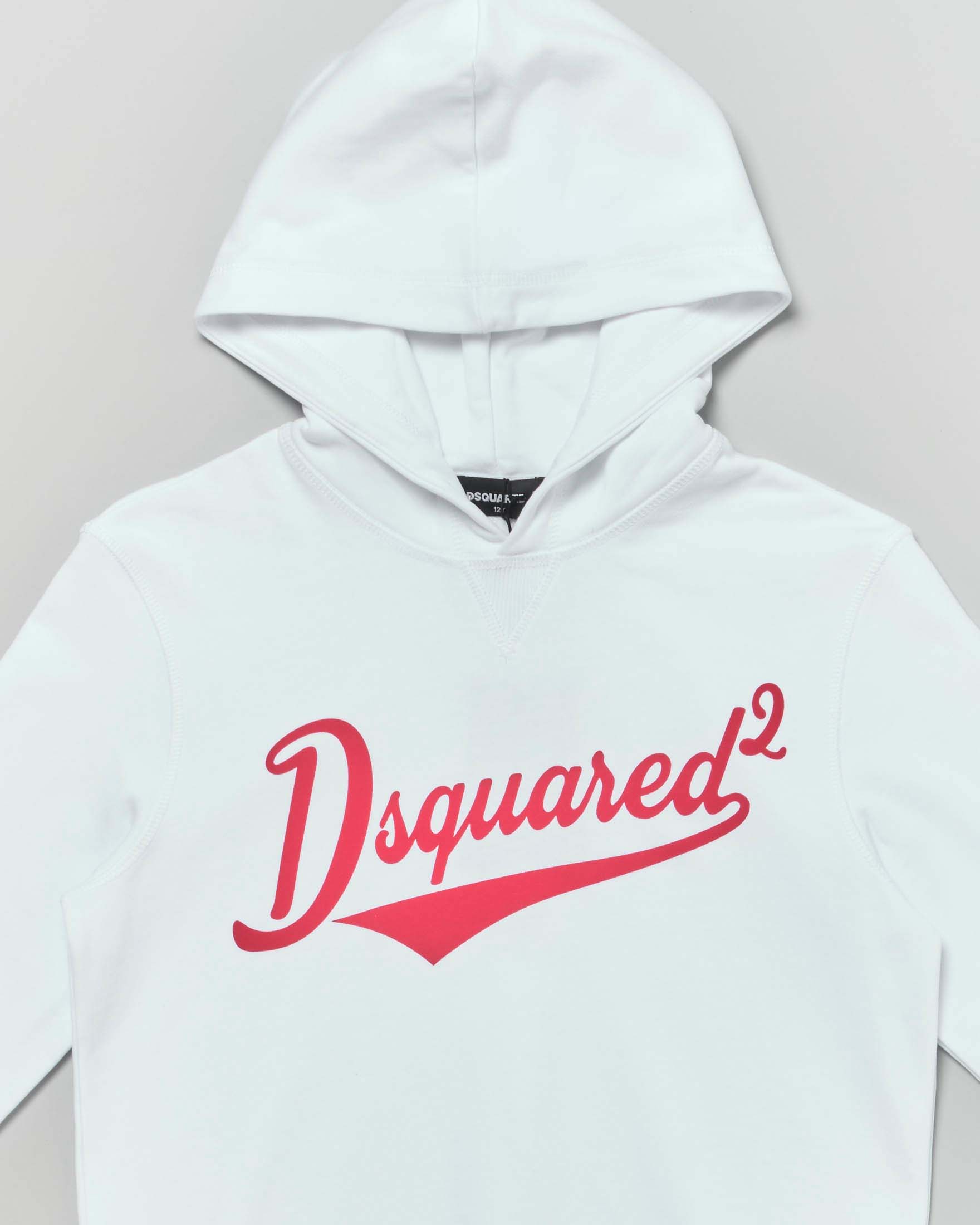 Felpa Dsquared2 bianca con cappuccio e scritta logo rossa image