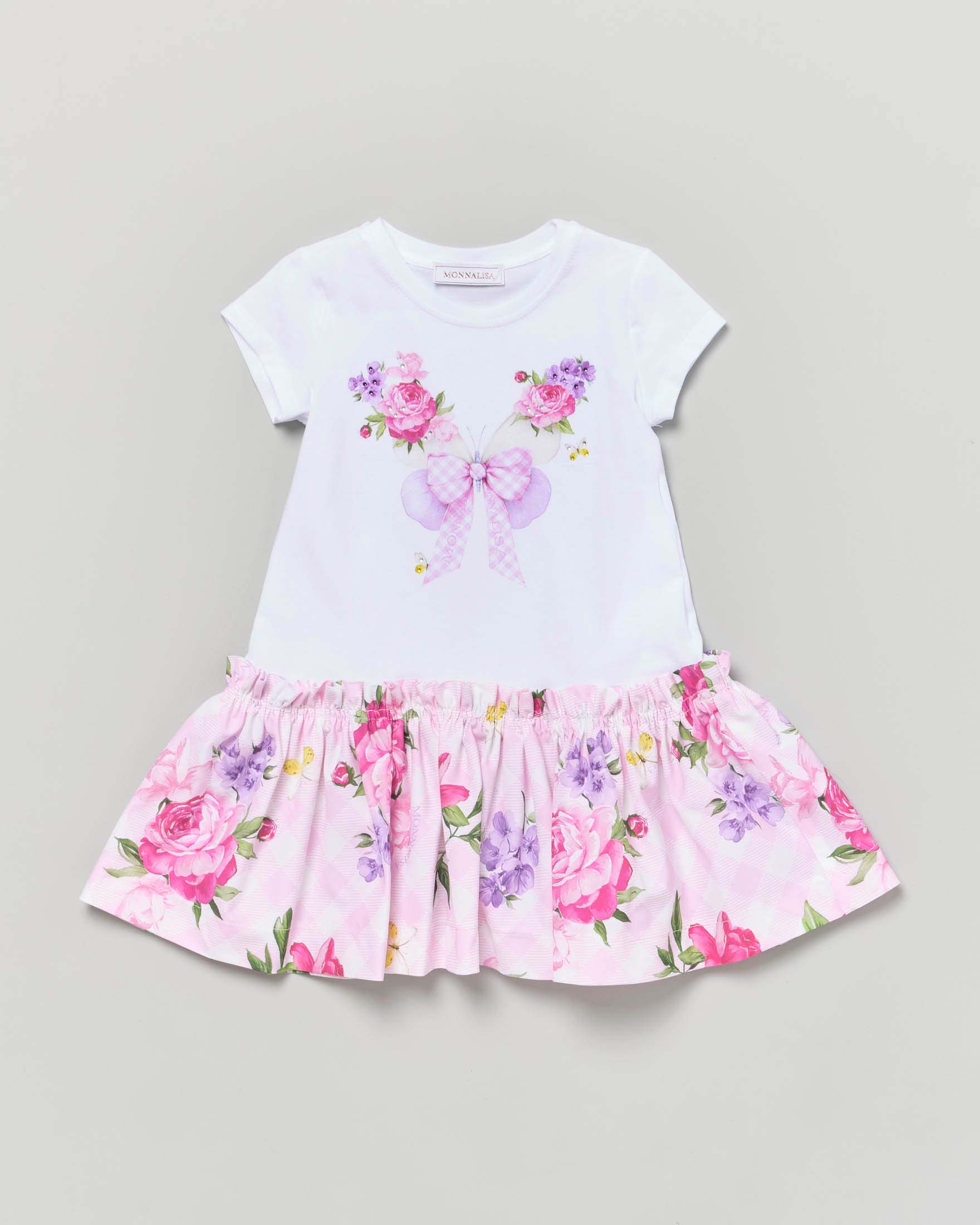 Abito Monnalisa in cotone stretch bianco e rosa con fiori e farfallle