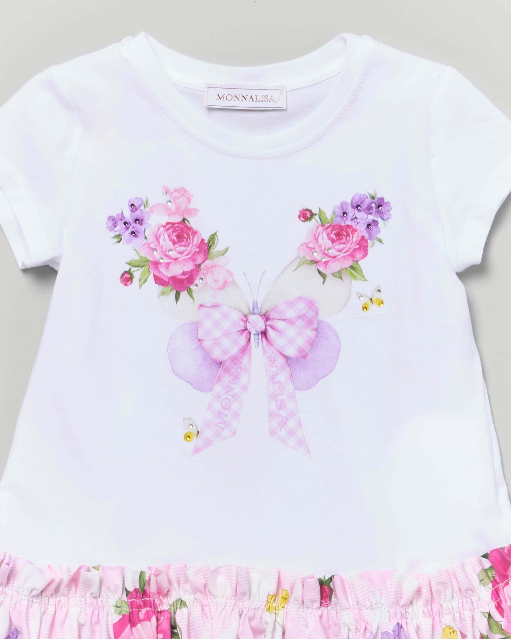 Abito Monnalisa in cotone stretch bianco e rosa con fiori e farfallle image