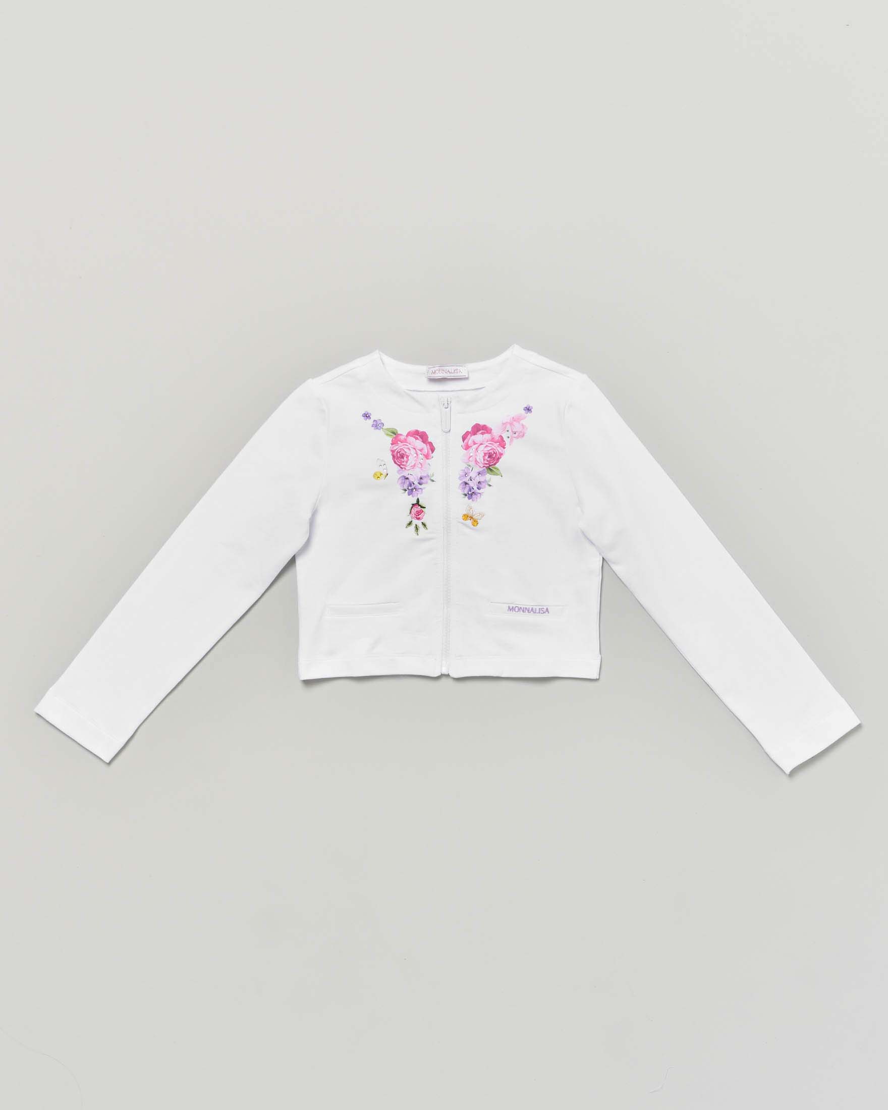 Felpa bianca Monnalisa in cotone stretch con fiori e zip