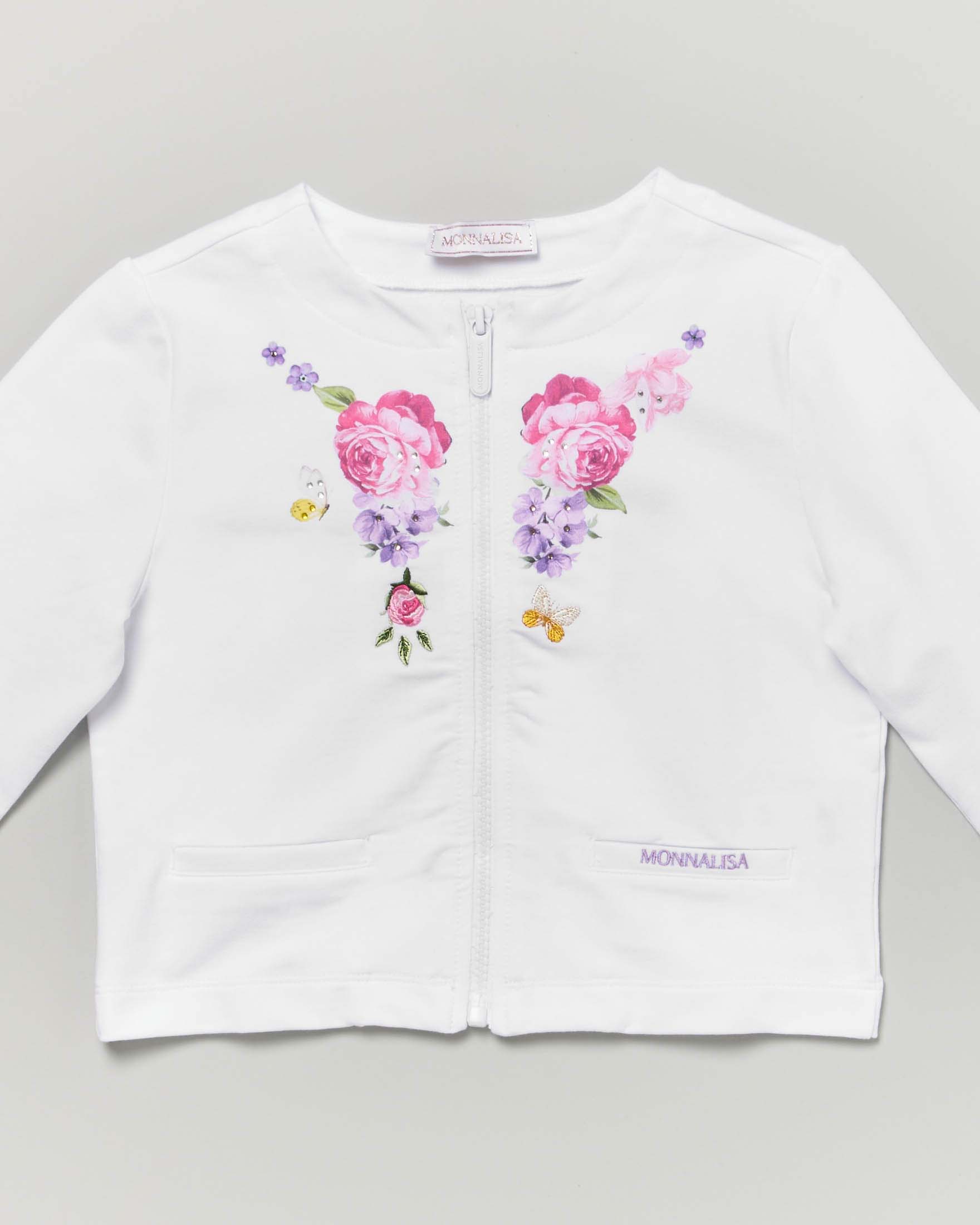 Felpa bianca Monnalisa in cotone stretch con fiori e zip image