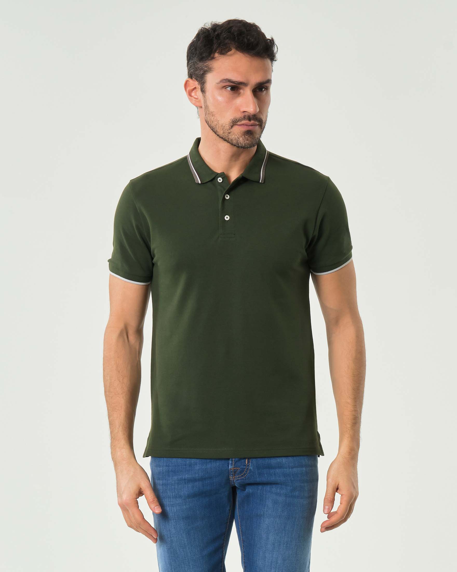 Polo verde militare mezza manica Originals in piquè di cotone stretch con bordino grigio bianco e bordeaux