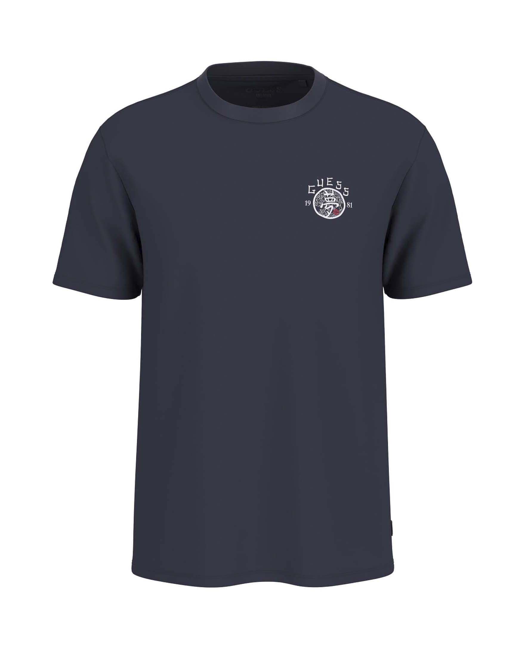 T-shirt blu in cotone con ricamo grafico ispirato al Giappone