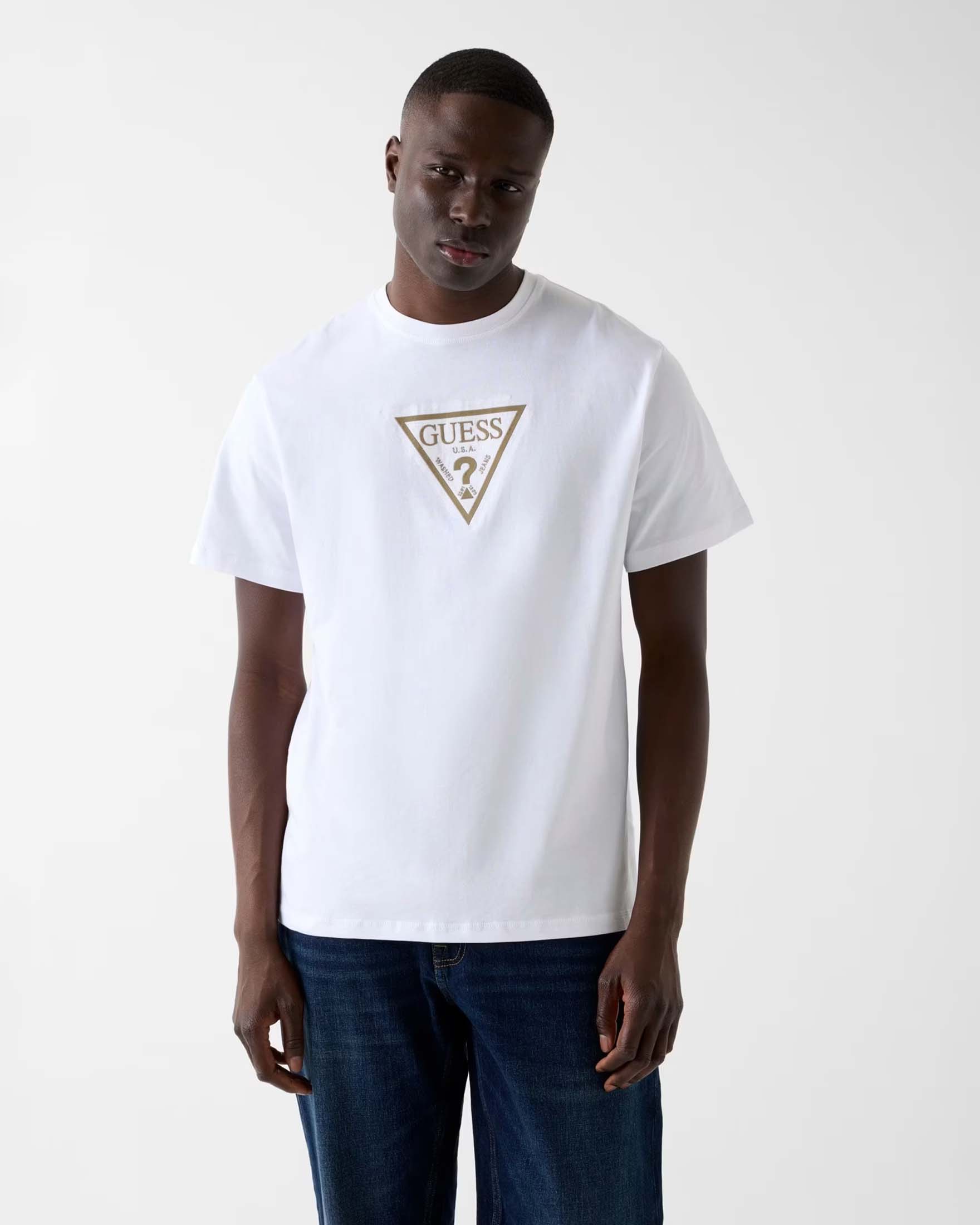 T-shirt Guess bianca in cotone con logo triangolo ricamato