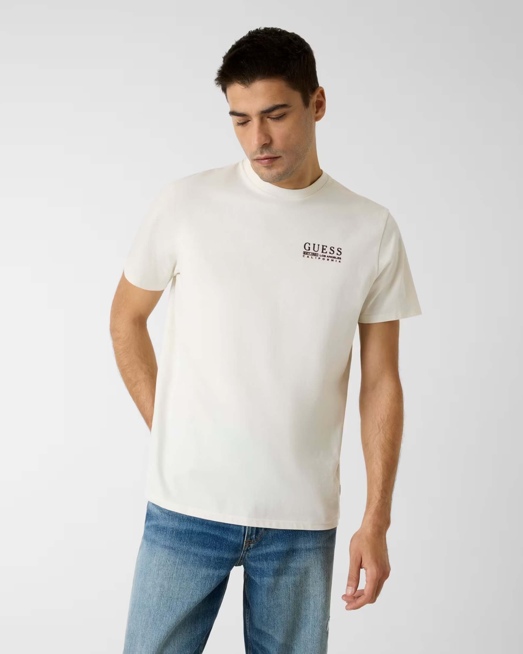T-shirt Guess bianca in cotone biologico con logo stampato sul petto