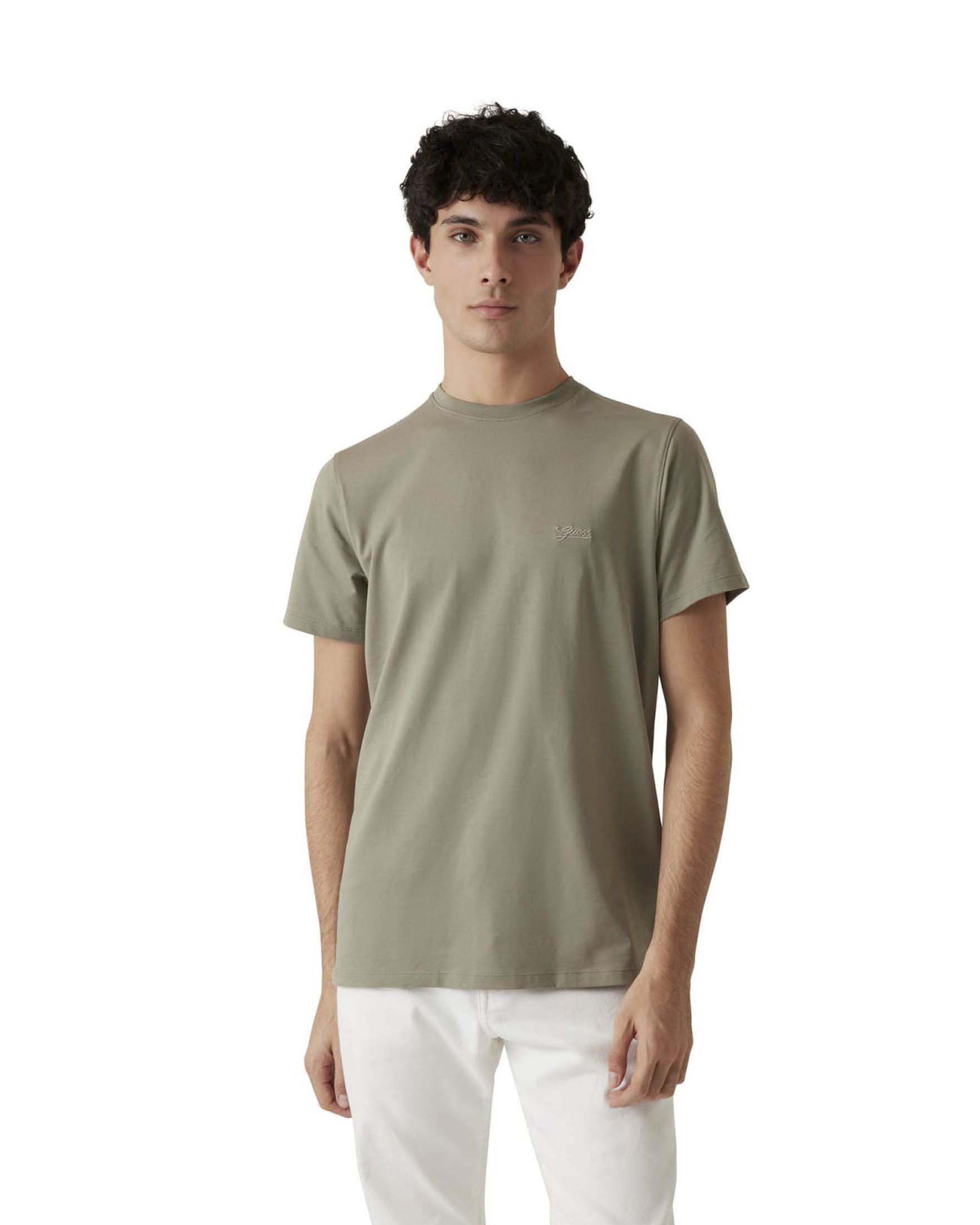 T-shirt Guess salvia in jersey di misto cotone con logo ricamato tono su tono