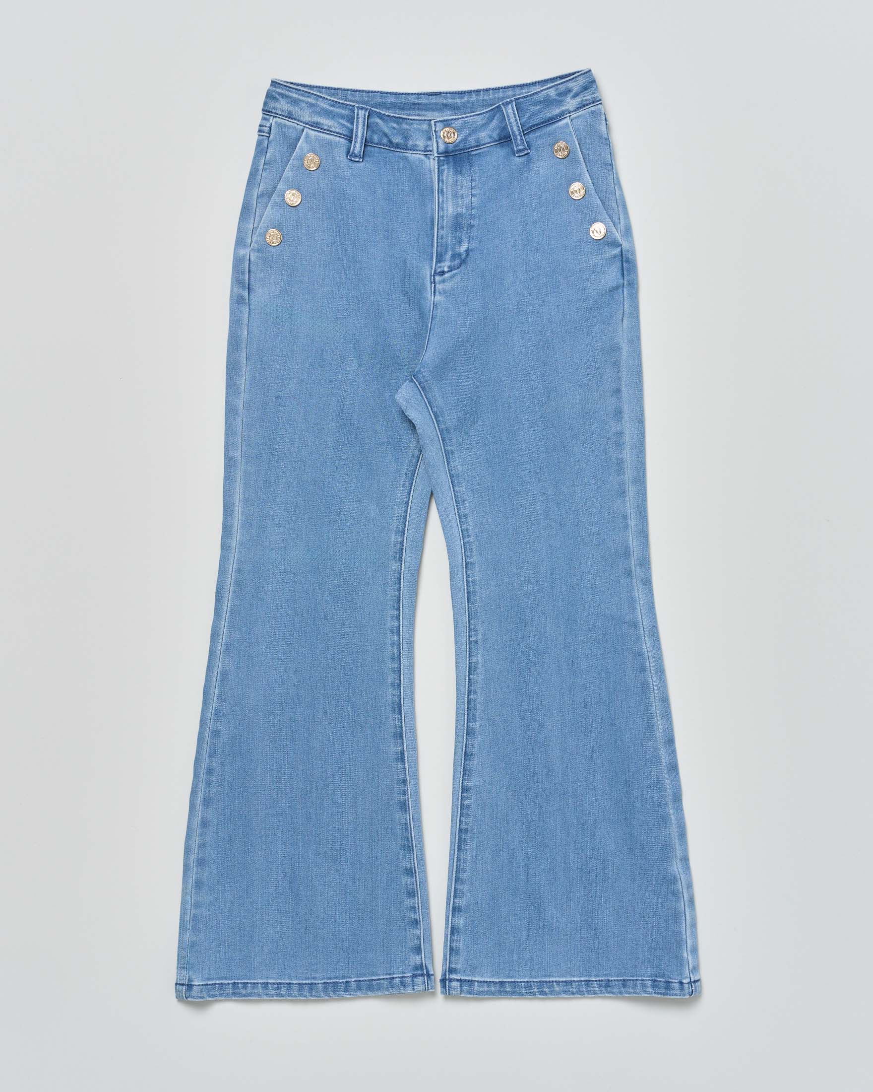 Jeans flare Twinset azzurri a vita alta con bottoni gioiello