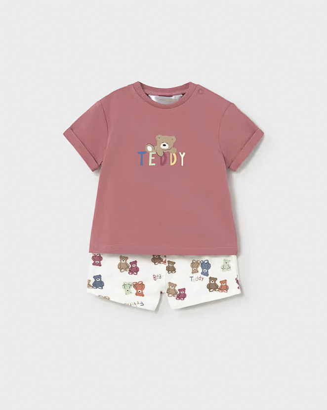 Completo t-shirt e short Mayoral rosa con orsetti multicolor