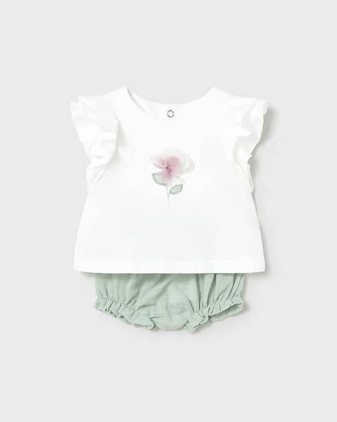 Completo due pezzi Mayoral in cotone stretch bianco e verde acqua