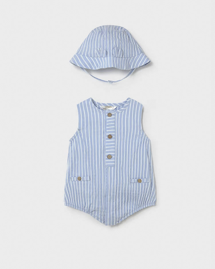 Pagliaccetto Mayoral azzurro a righe bianche in cotone stretch con cappellino