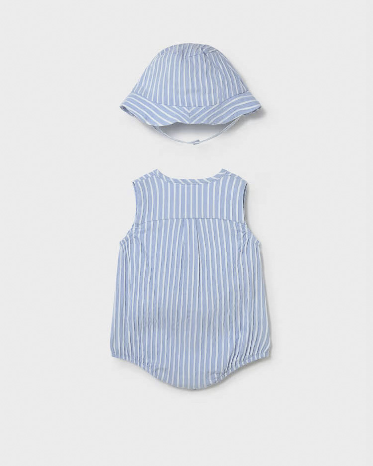 Pagliaccetto Mayoral azzurro a righe bianche in cotone stretch con cappellino image