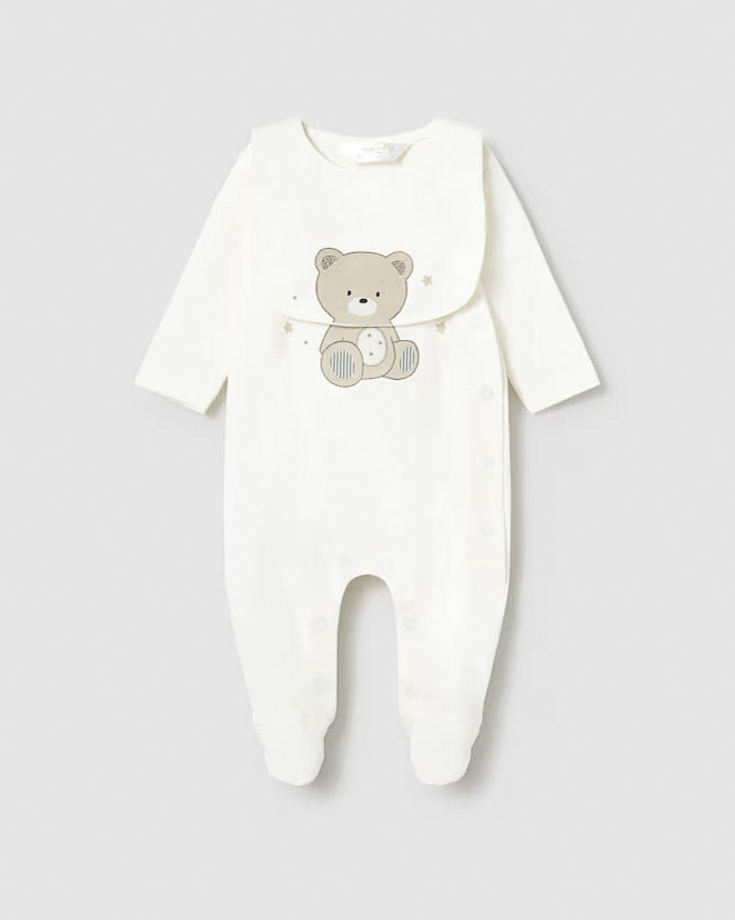 Tutina avorio in cotone stretch con orsetto e bavaglino