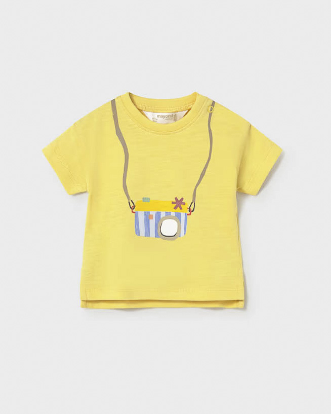 T-shirt gialla in puro cotone con stampa macchina fotografica