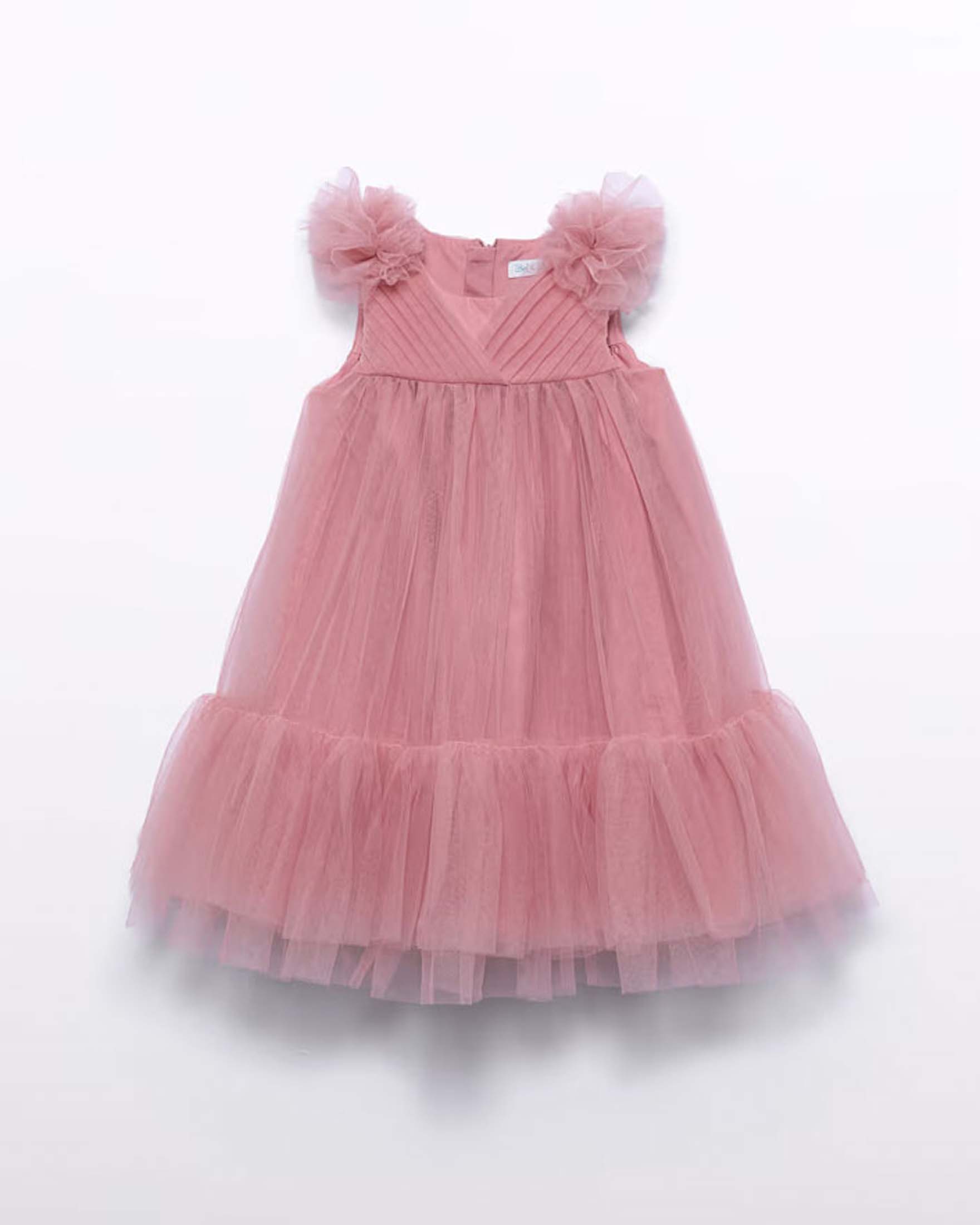 Abito corto smanicato Abel & Lula  rosa antico in tulle con balza su gonna