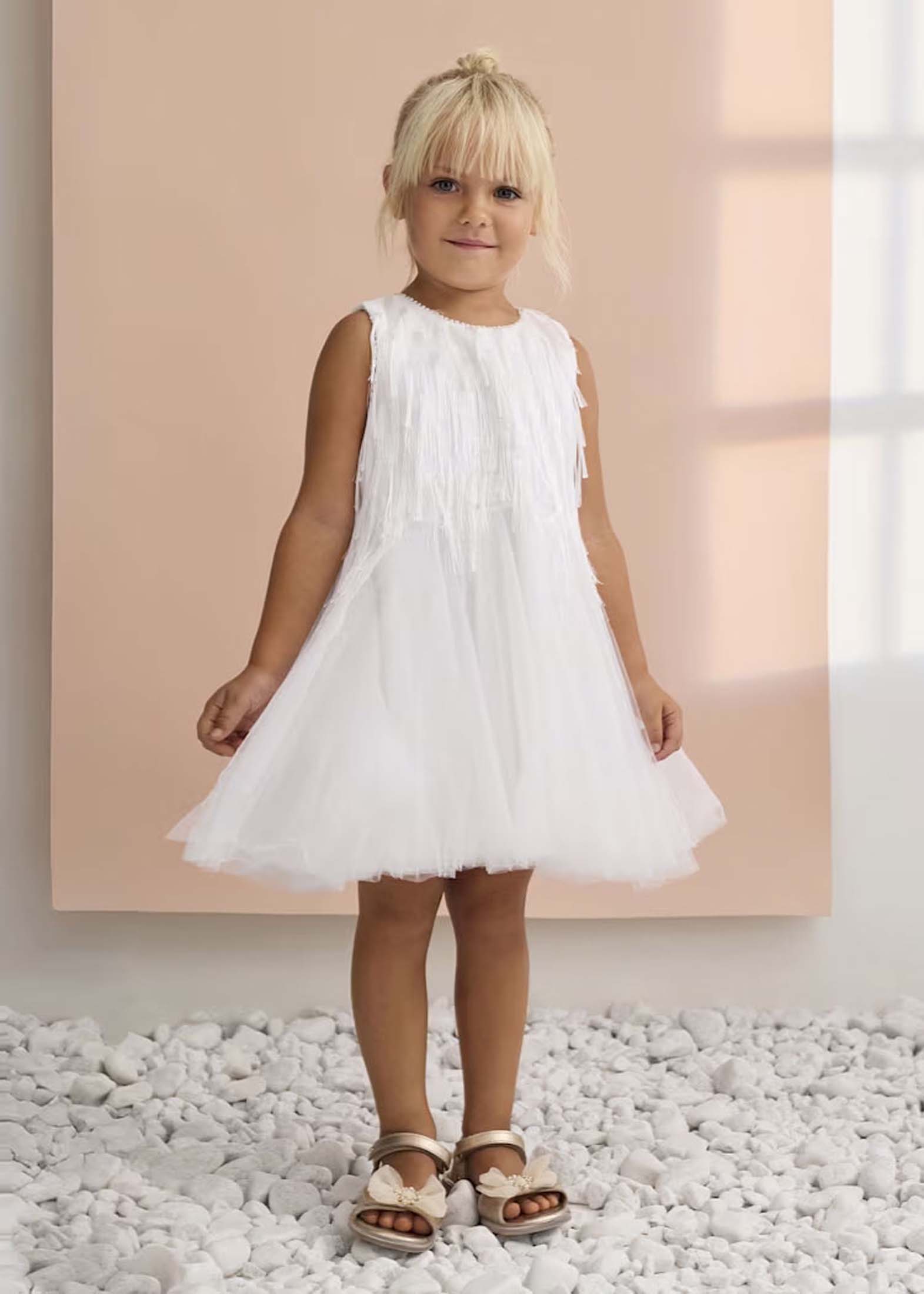 Abito corto smanicato Abel & Lula bianco in tulle con frange