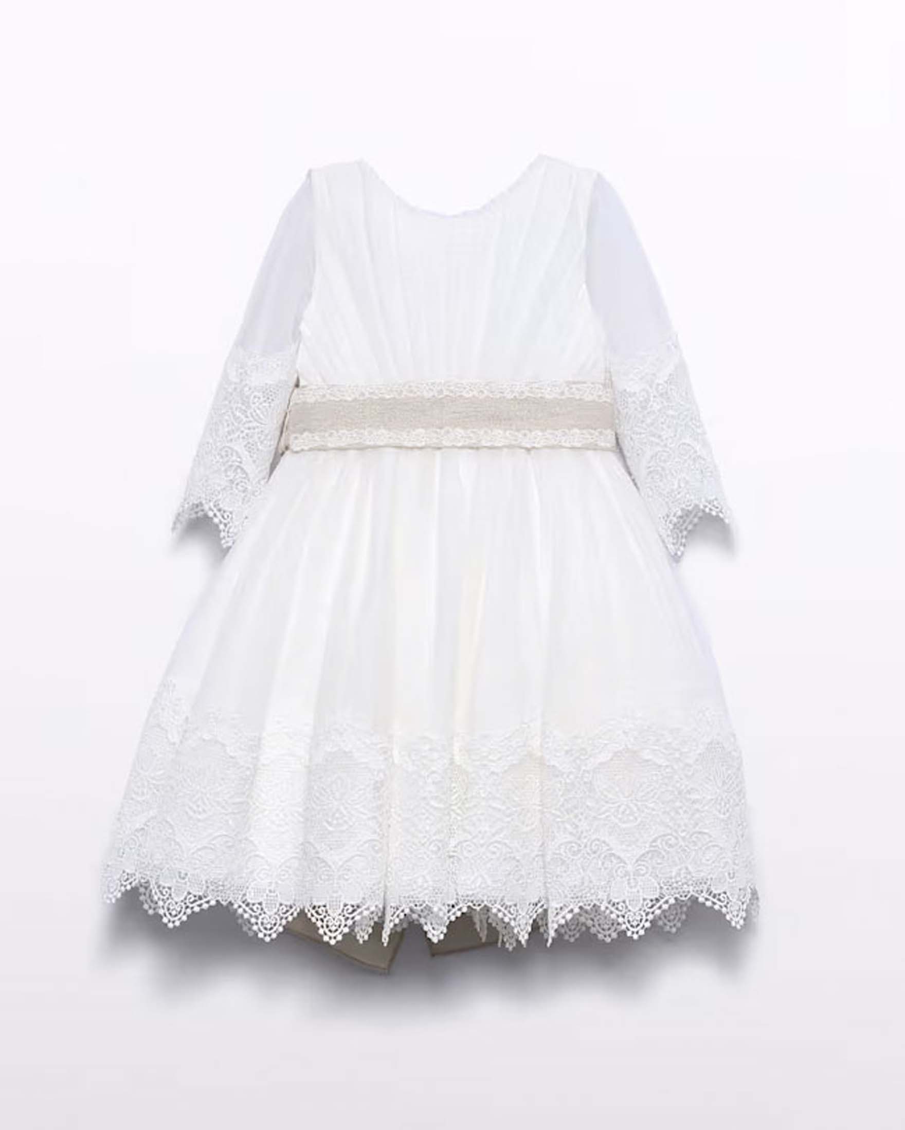 Abito corto Abel & Lula avorio a maniche lunghe in pizzo e tulle con gonna ampia e fascia oro
