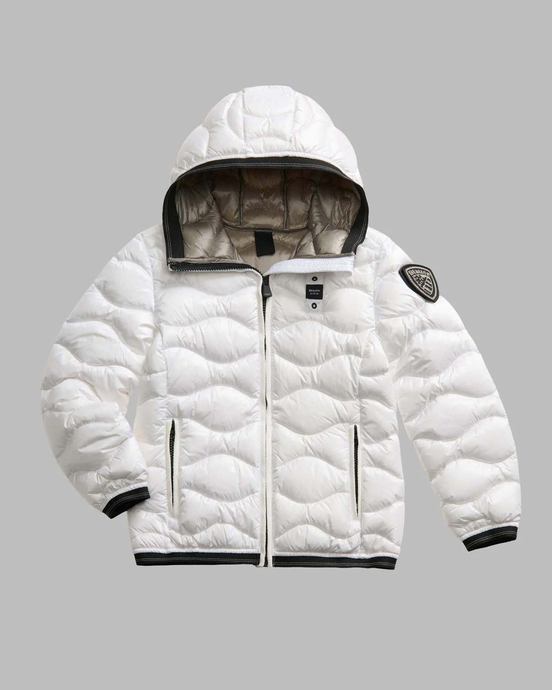 Piumino Lowell Blauer bianco in nylon trapuntato con cappuccio e patch scudo con strass
