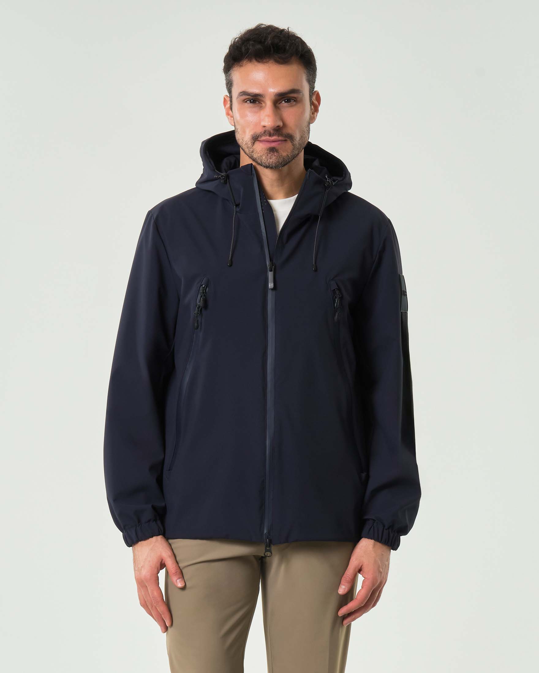 Giubbino blu Helios Outhere in tessuto tecnico impermeabile con cappuccio fisso