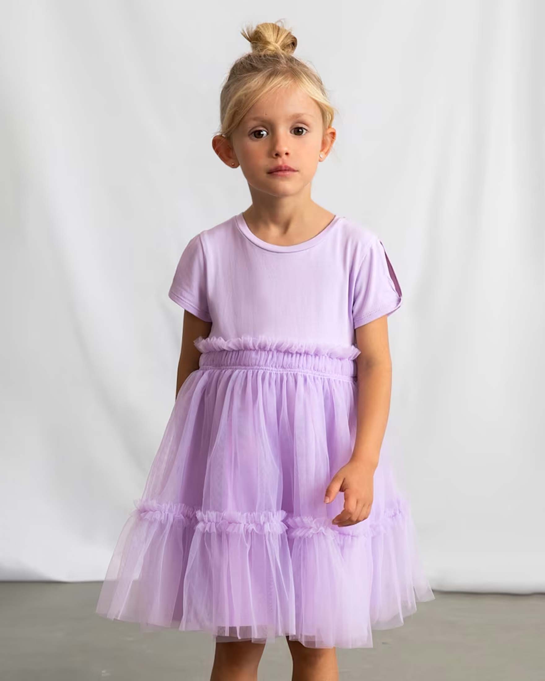 Abito Mayoral lilla in misto cotone con dettagli in tulle a balze