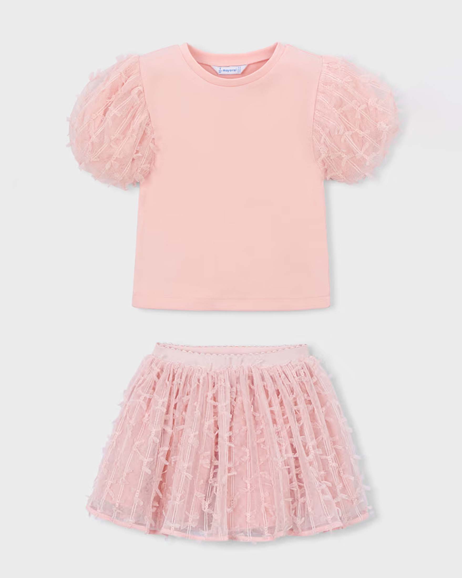 T-shirt e gonna Mayoral cipria in misto viscosa con tulle e fiocchi