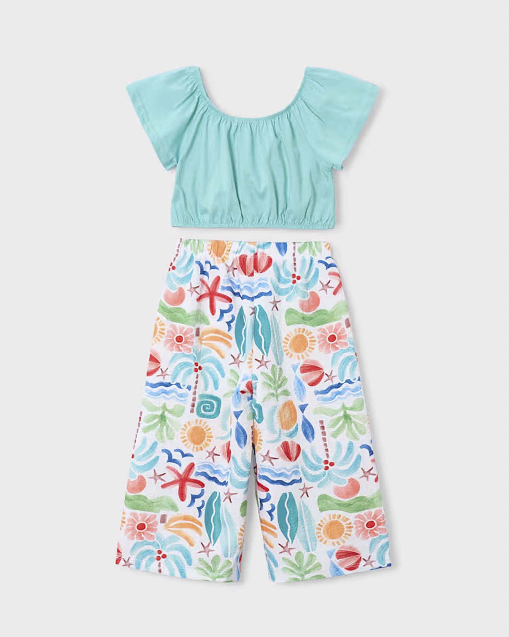Completo Mayoral verde acqua in cotone con top crop e pantaloni fantasia multicolore image