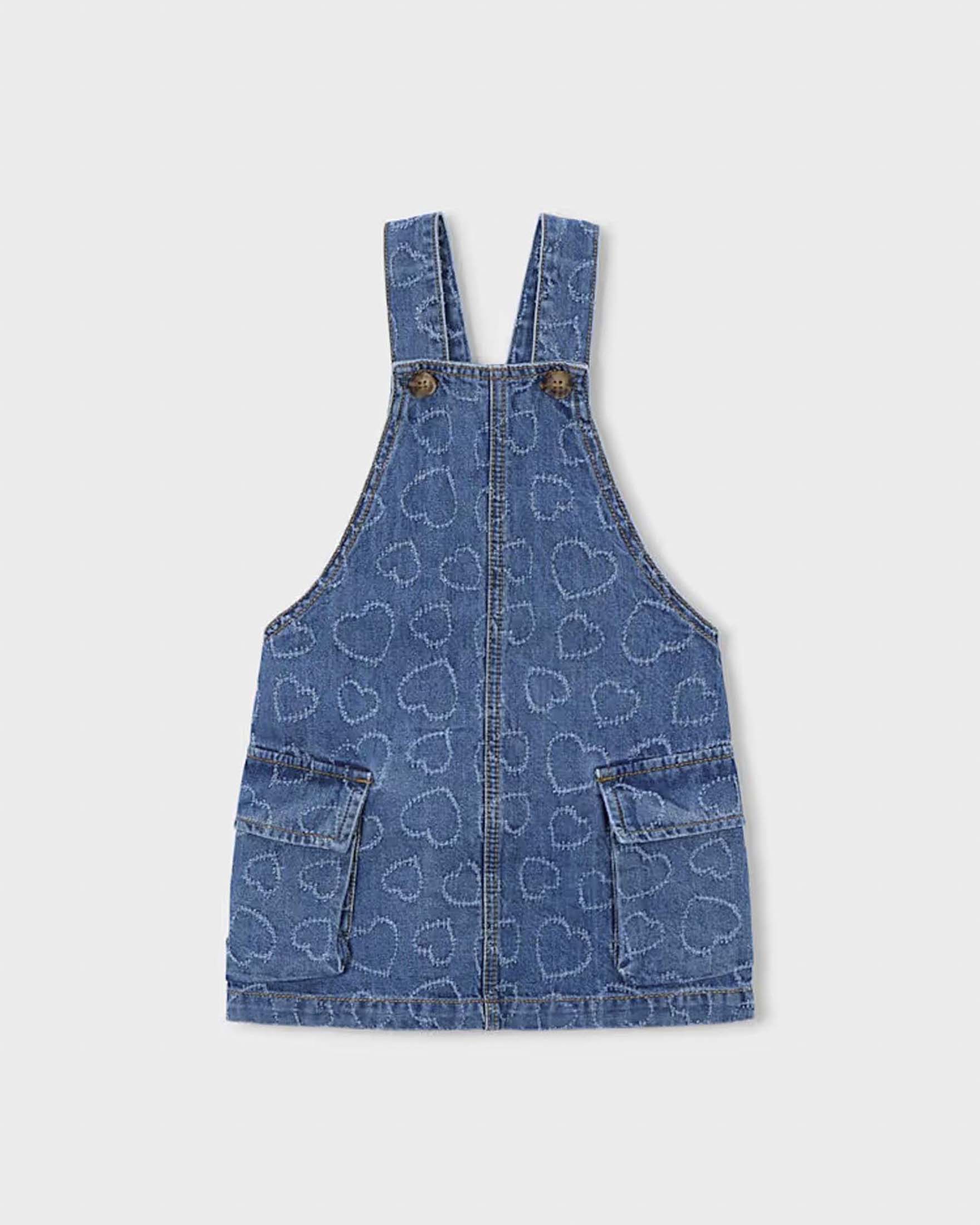 Gonna salopette light wash in misto cotone con stampa a cuori