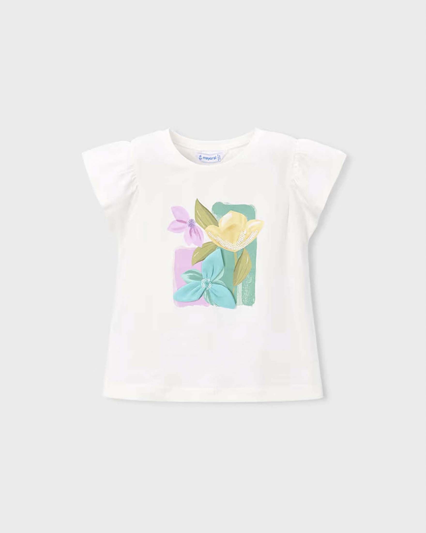 T-shirt mezza manica avorio in misto cotone con applicazione floreale
