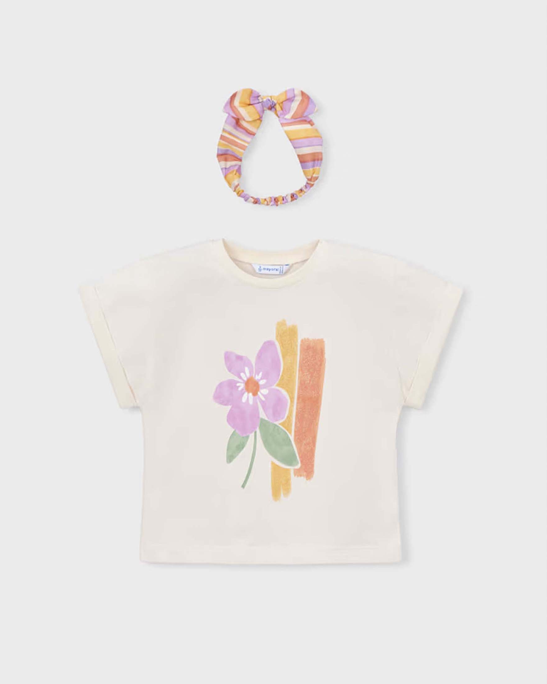 T-shirt mezza manica avorio in cotone con stampa floreale e fascia