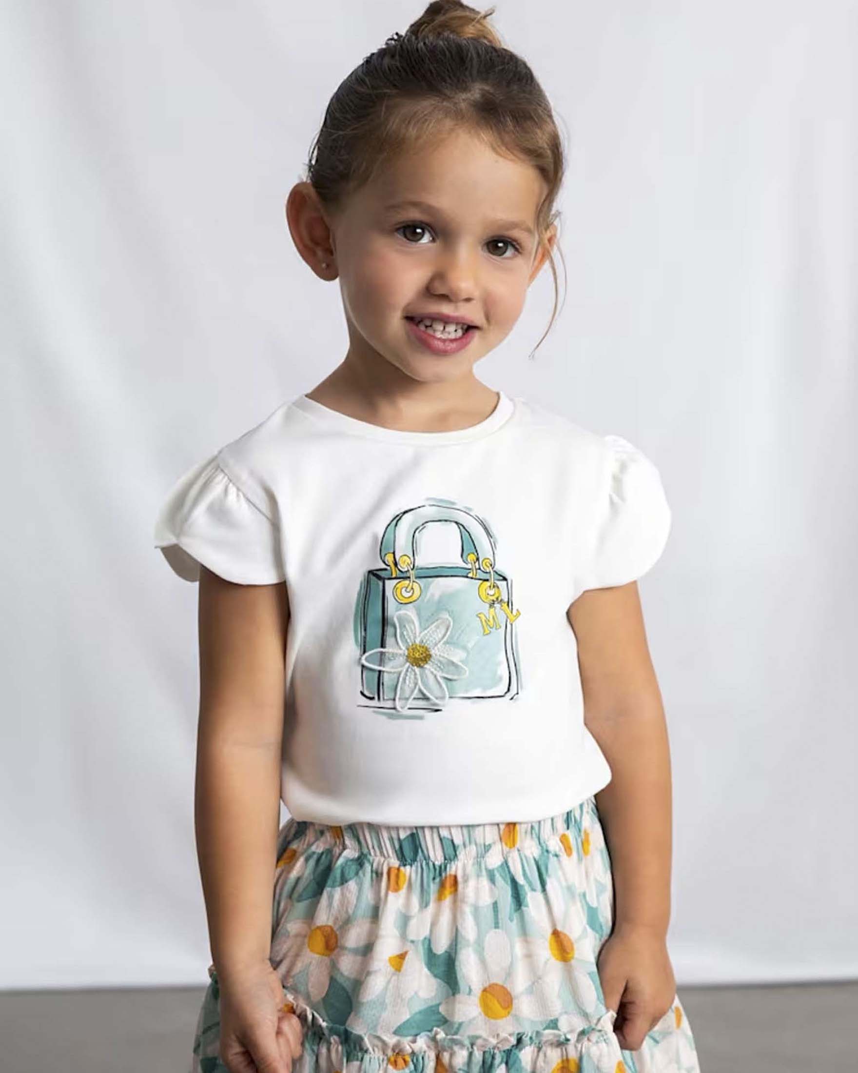 T-shirt mezza manica Mayoral avorio in jersey misto cotone con stampa borsa