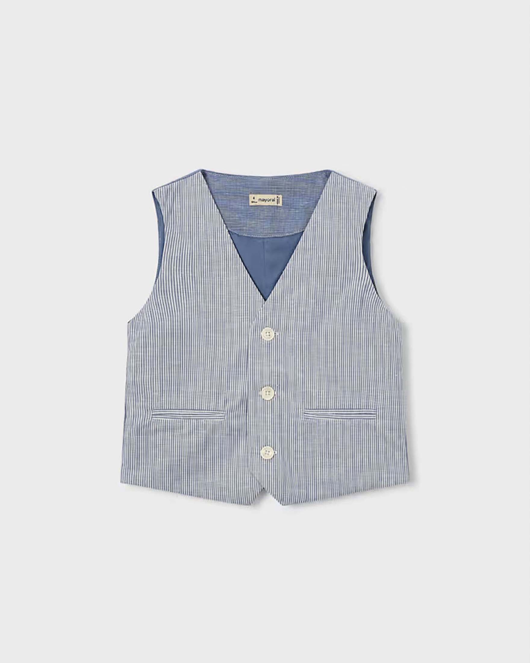 Gilet azzurro a righe in misto cotone e lino