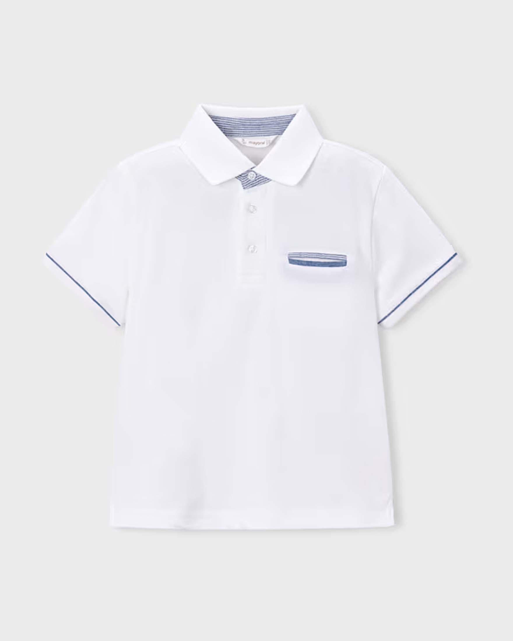 Polo bianca in cotone elasticizzato con taschino e dettagli a contrasto
