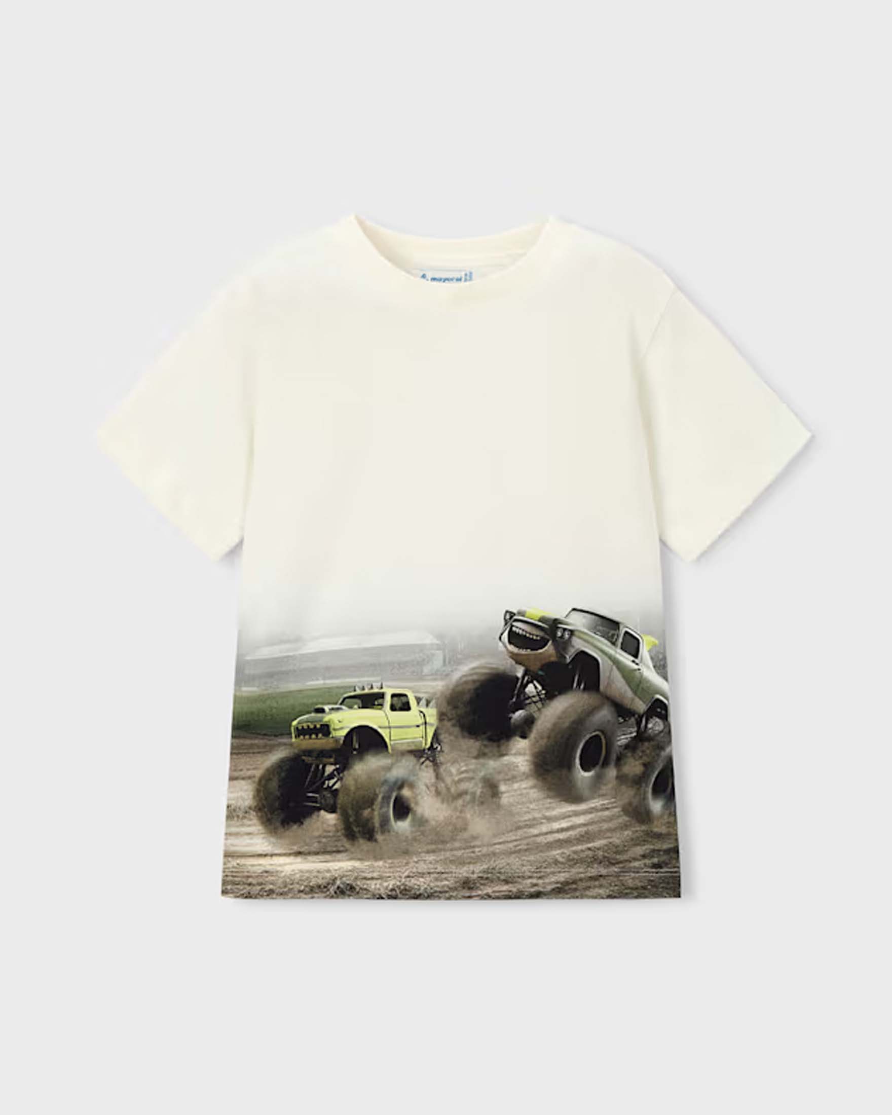 T-shirt mezza manica bianca in cotone con stampa camion