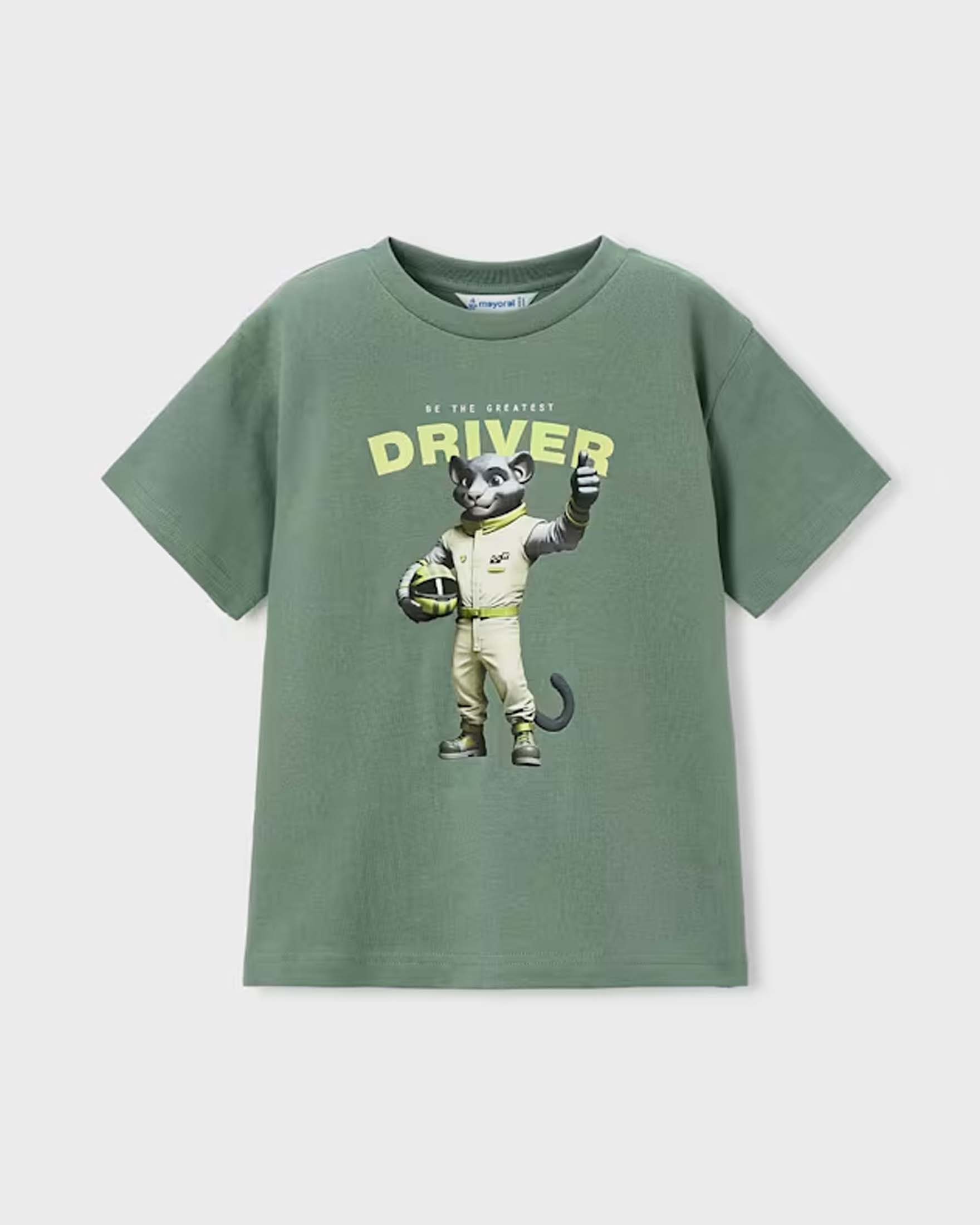 T-shirt mezza manica verde in cotone con stampa frontale personaggio driver