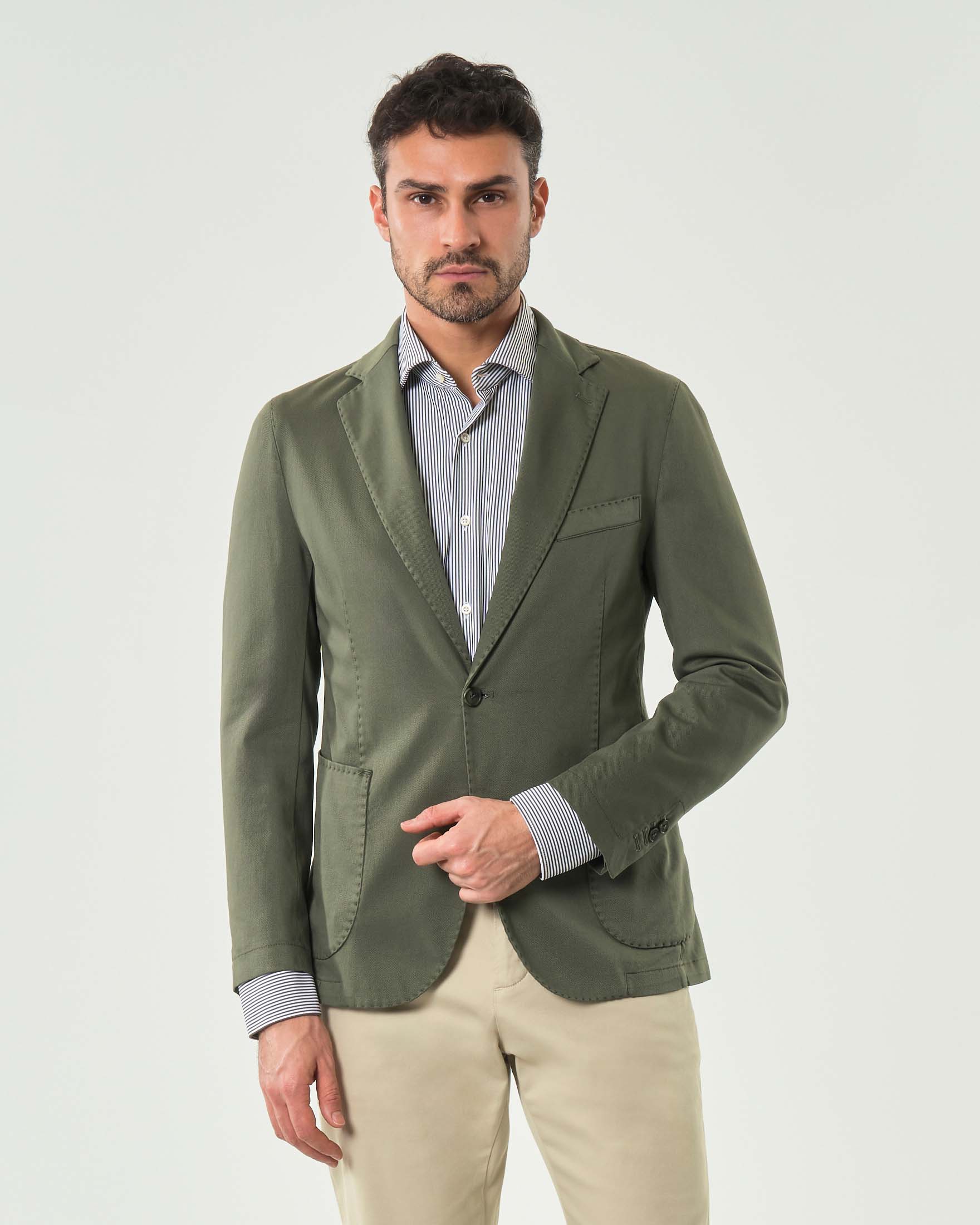 Blazer verde militare in cotone stretch micro armatura con tasche a toppa e impunture a vista