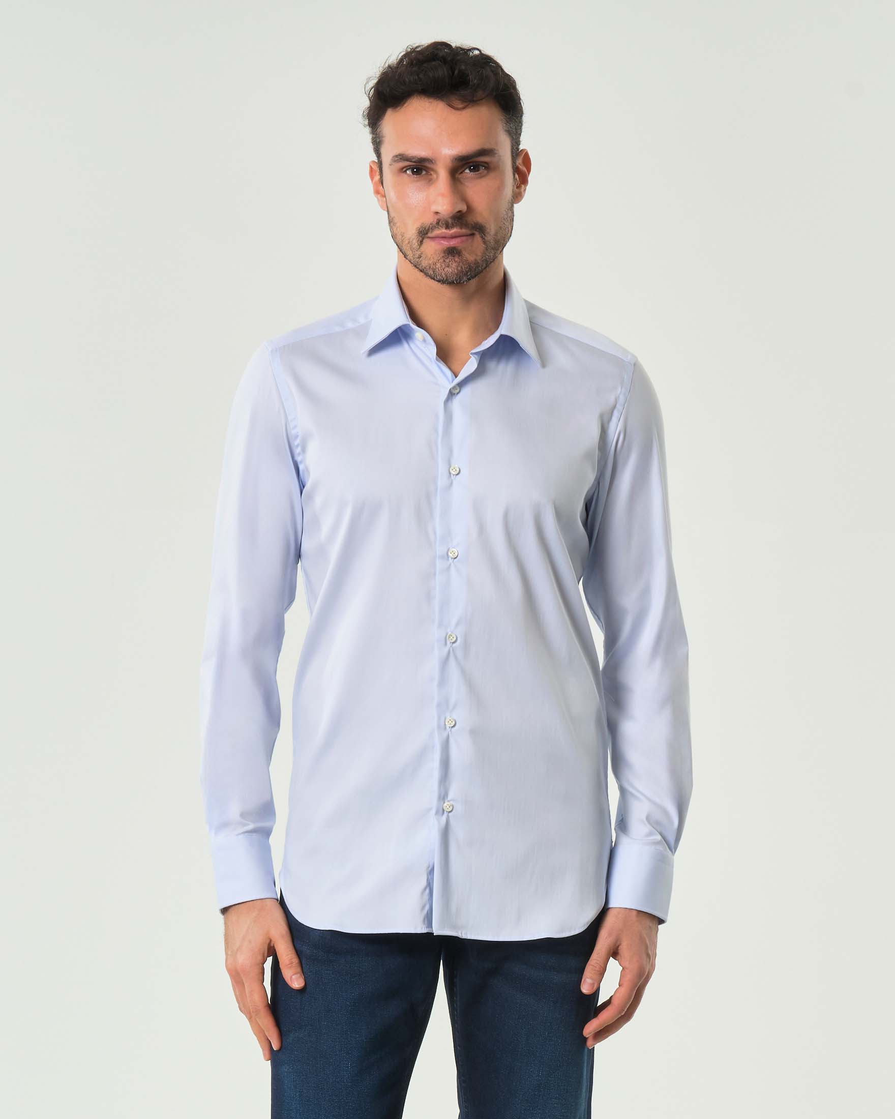 Camicia azzurra Pellizzari in rasatello di cotone stretch