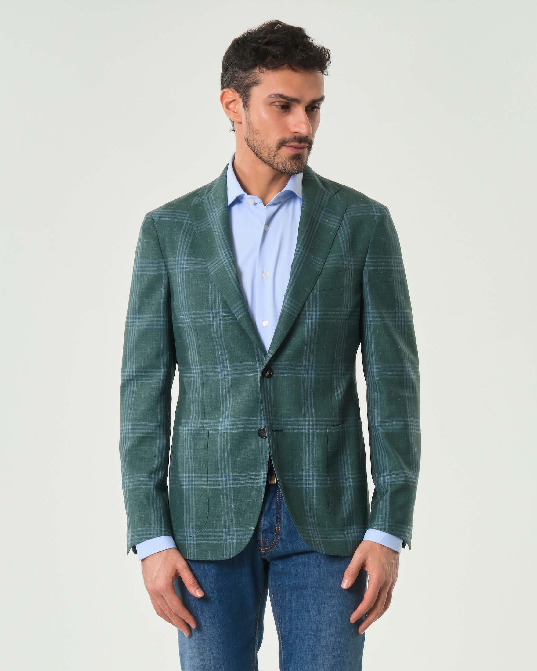 Blazer Pellizzari principe di Galles verde e azzurro in tela di lana seta e lino