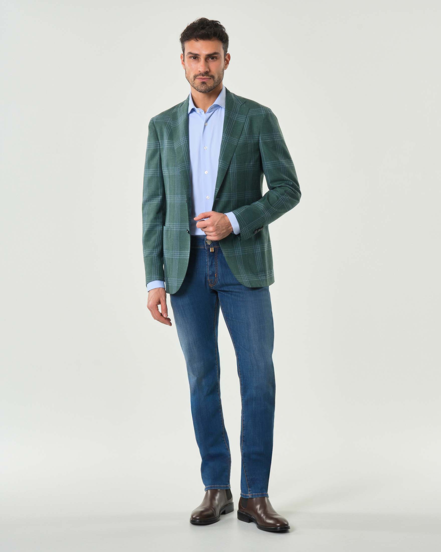 Blazer Pellizzari principe di Galles verde e azzurro in tela di lana seta e lino image