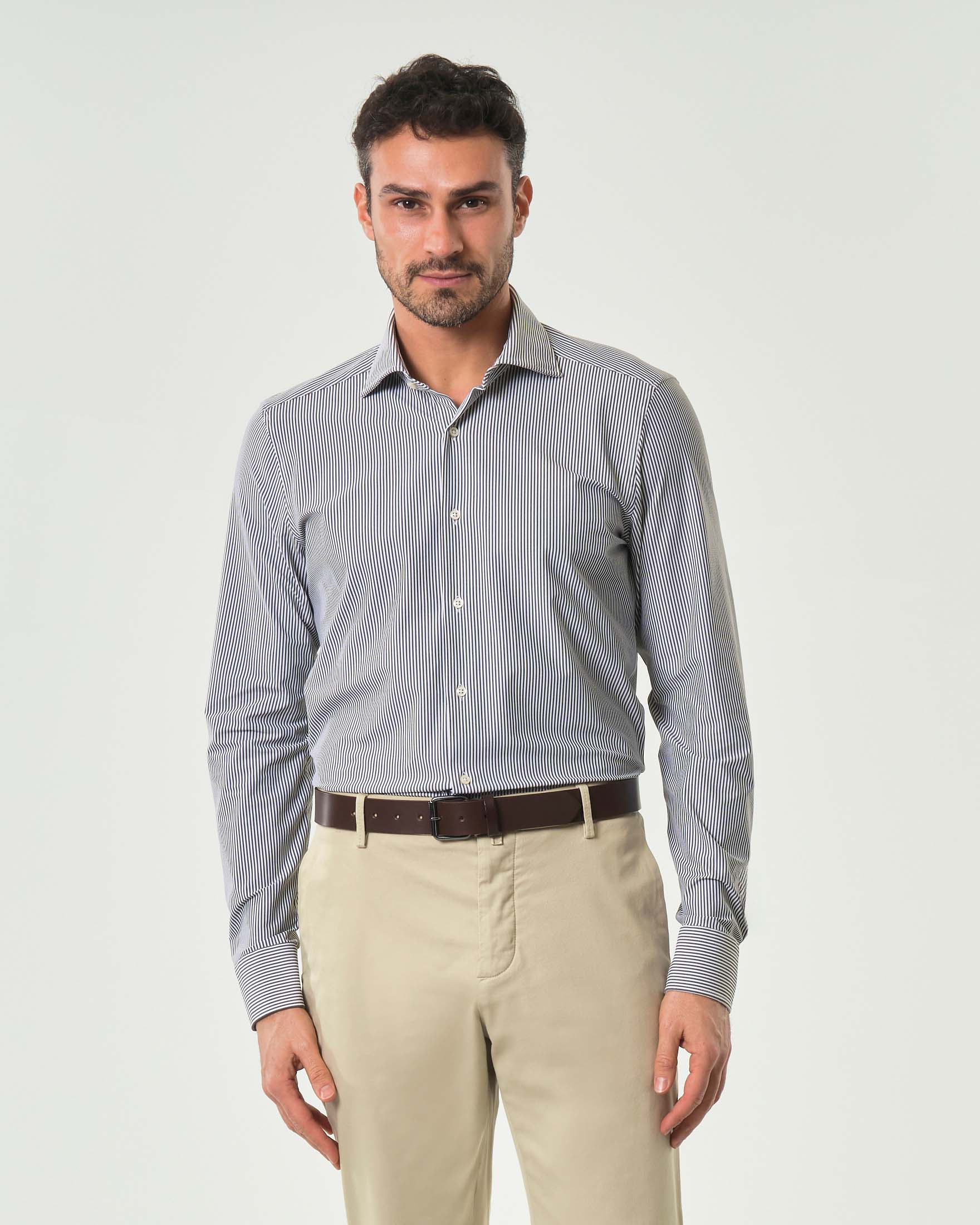 Camicia Pellizzari bastoncino bianco e antracite in tessuto tecnico hyper comfort con collo alla francese