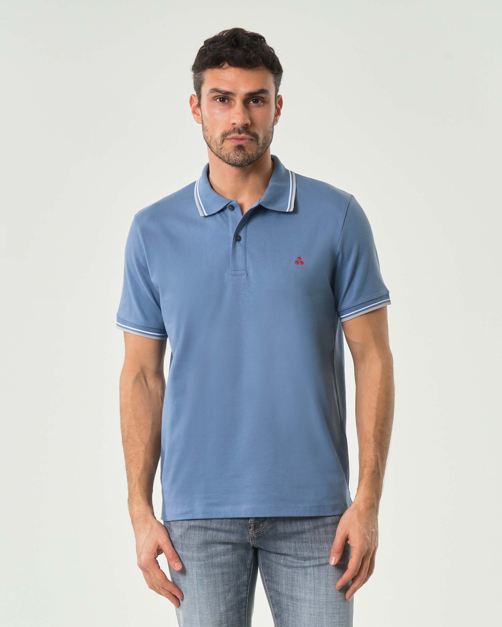 Polo Peuterey avio mezza manica in piqué di cotone stretch con bordino bianco e grigio
