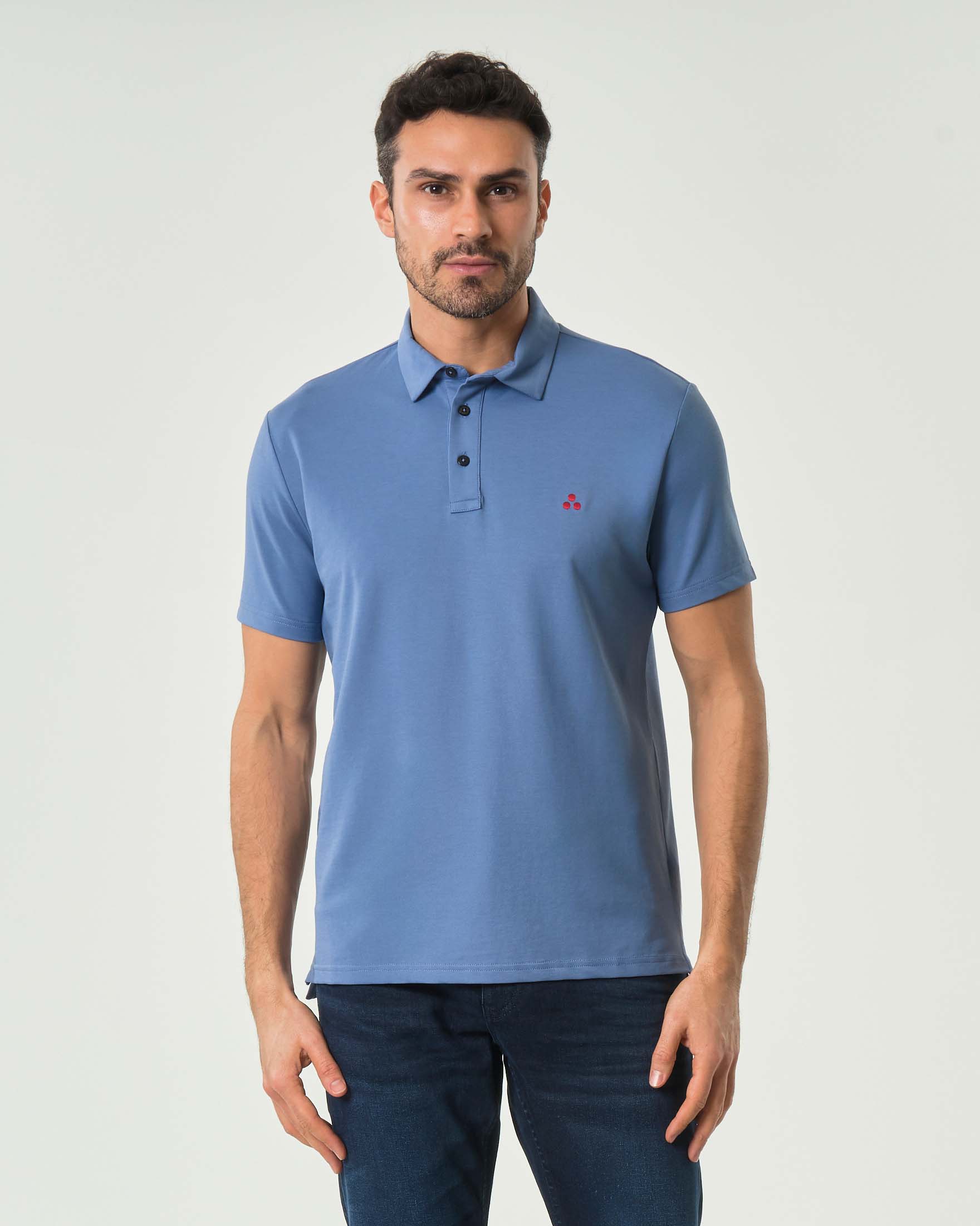 Polo blu avio mezza manica in tessuto tecnico stretch di misto cotone e seta