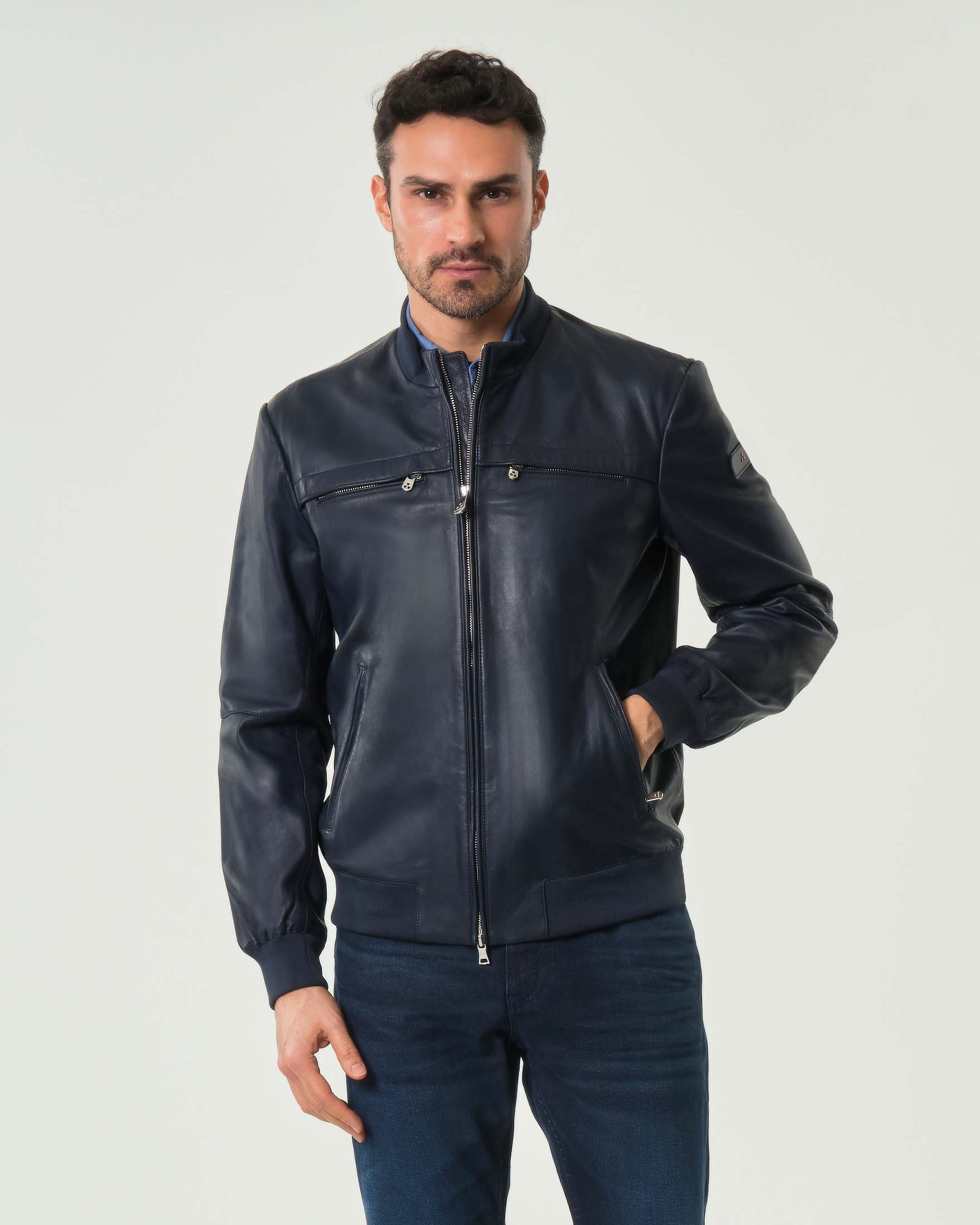 Bomber Sands Leather blu in pelle