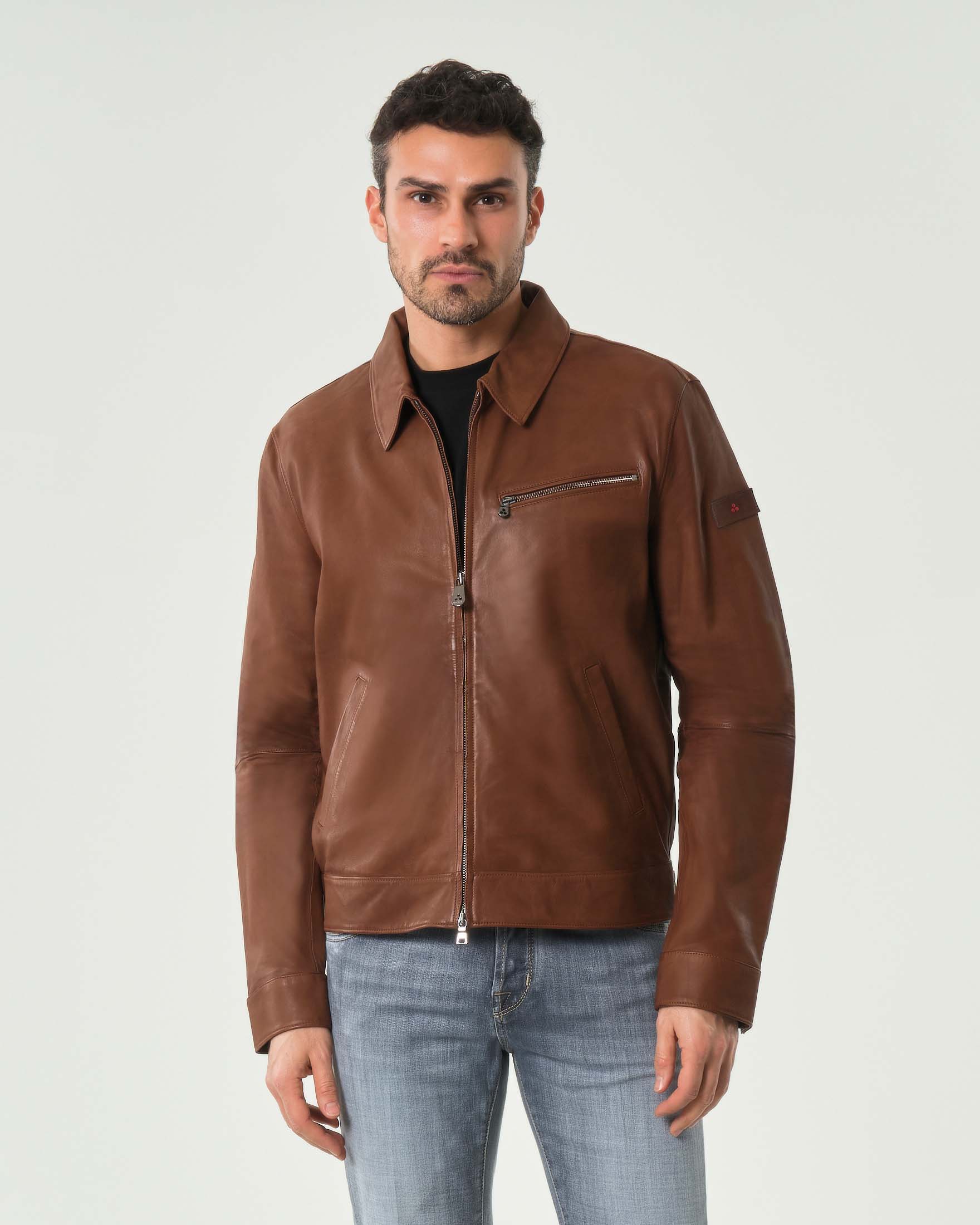 Giacca Gilma in pelle color cuoio con colletto a camicia