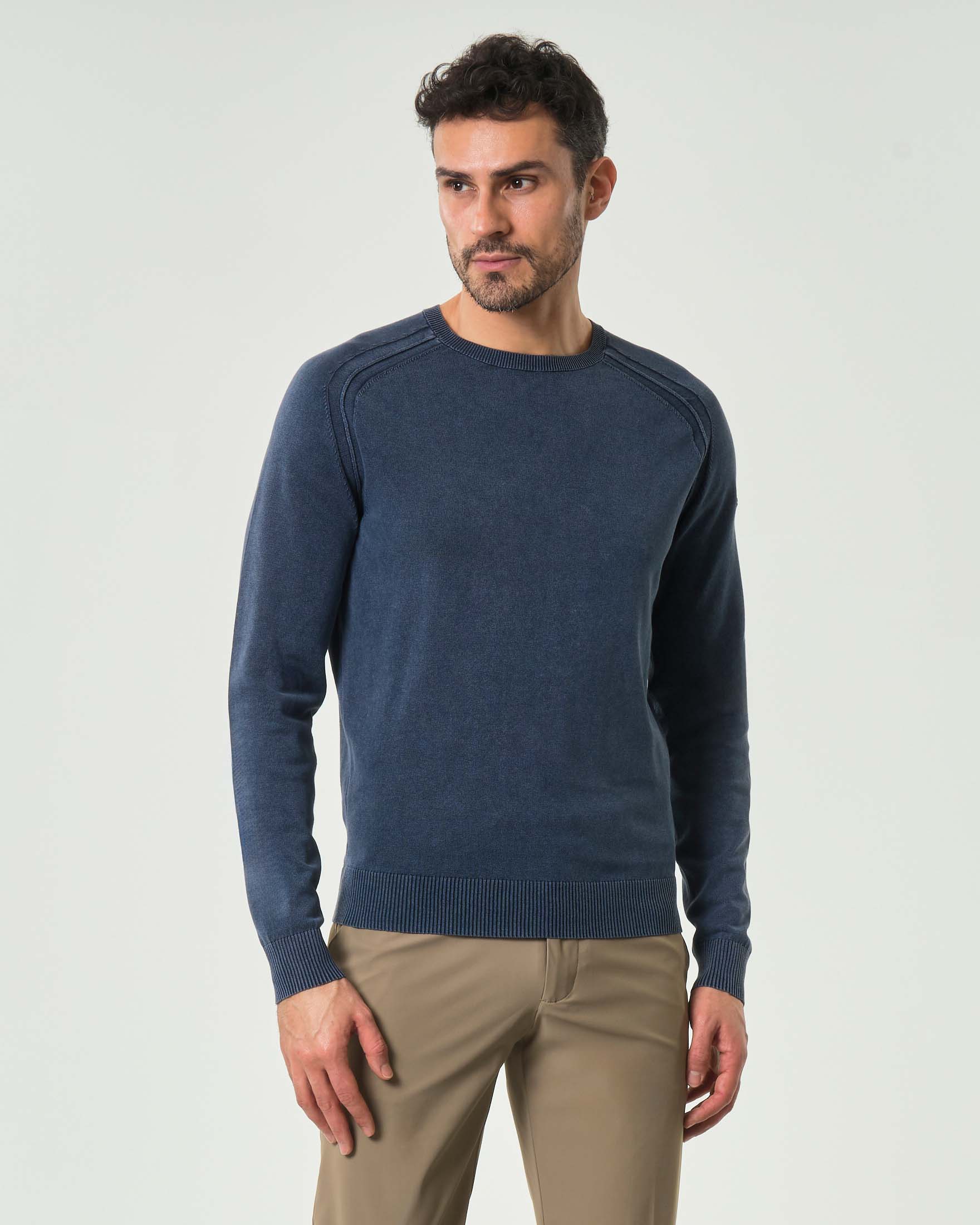 Maglia girocollo blu indaco R.R.D. Techno Washed in crêpe di cotone effetto delavé con maniche raglan