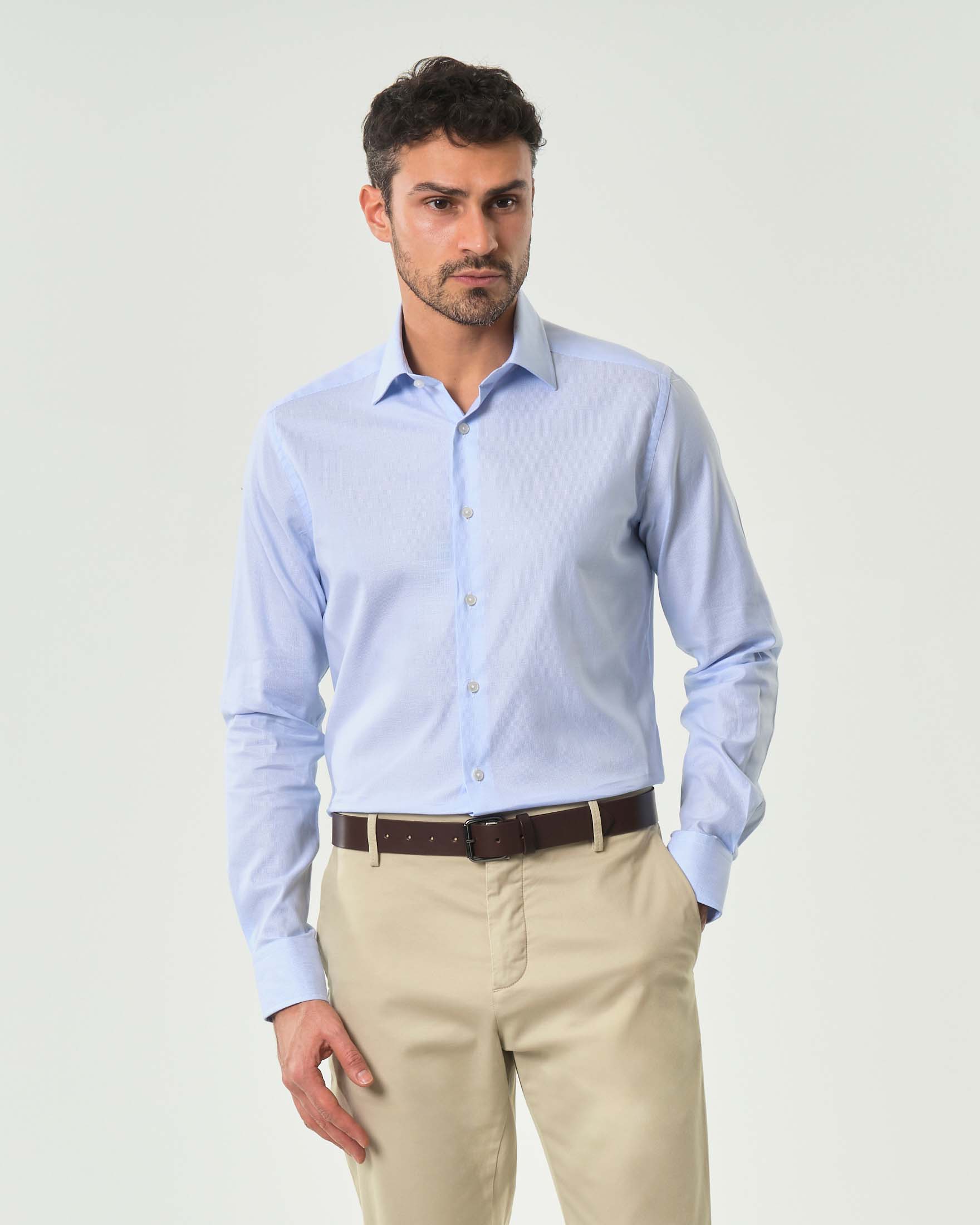 Camicia azzura micro fantasia in puro cotone tailor fit