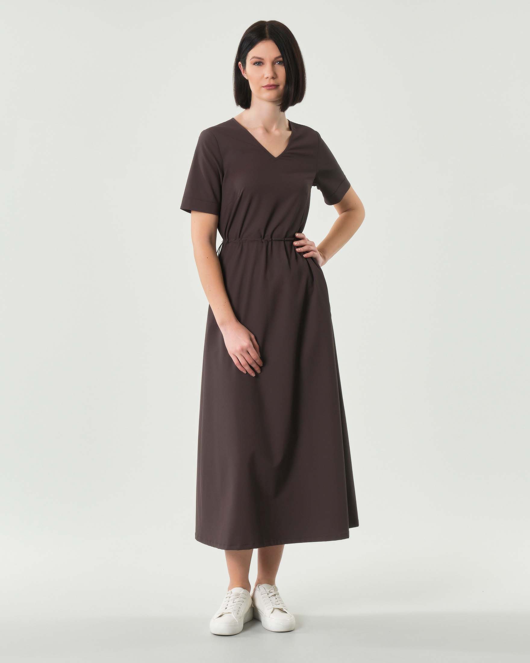 Abito midi marrone Duno in tessuto tecnico con coulisse in vita regolabile